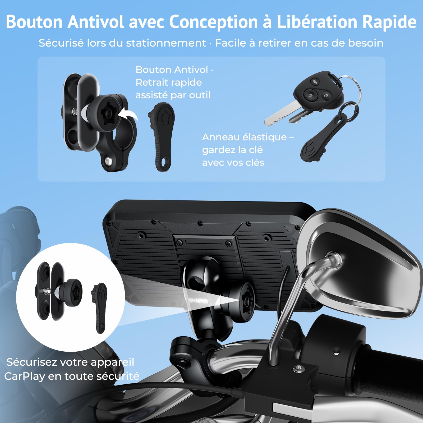 Écran Moto CarPlay sans Fil 6,25" Touchscreen, IP67 étanche,TPMS | Compatible avec Apple CarPlay & Android Auto,Navigation,Commande vocale,Dual Bluetooth,Alimentation USB/ACC