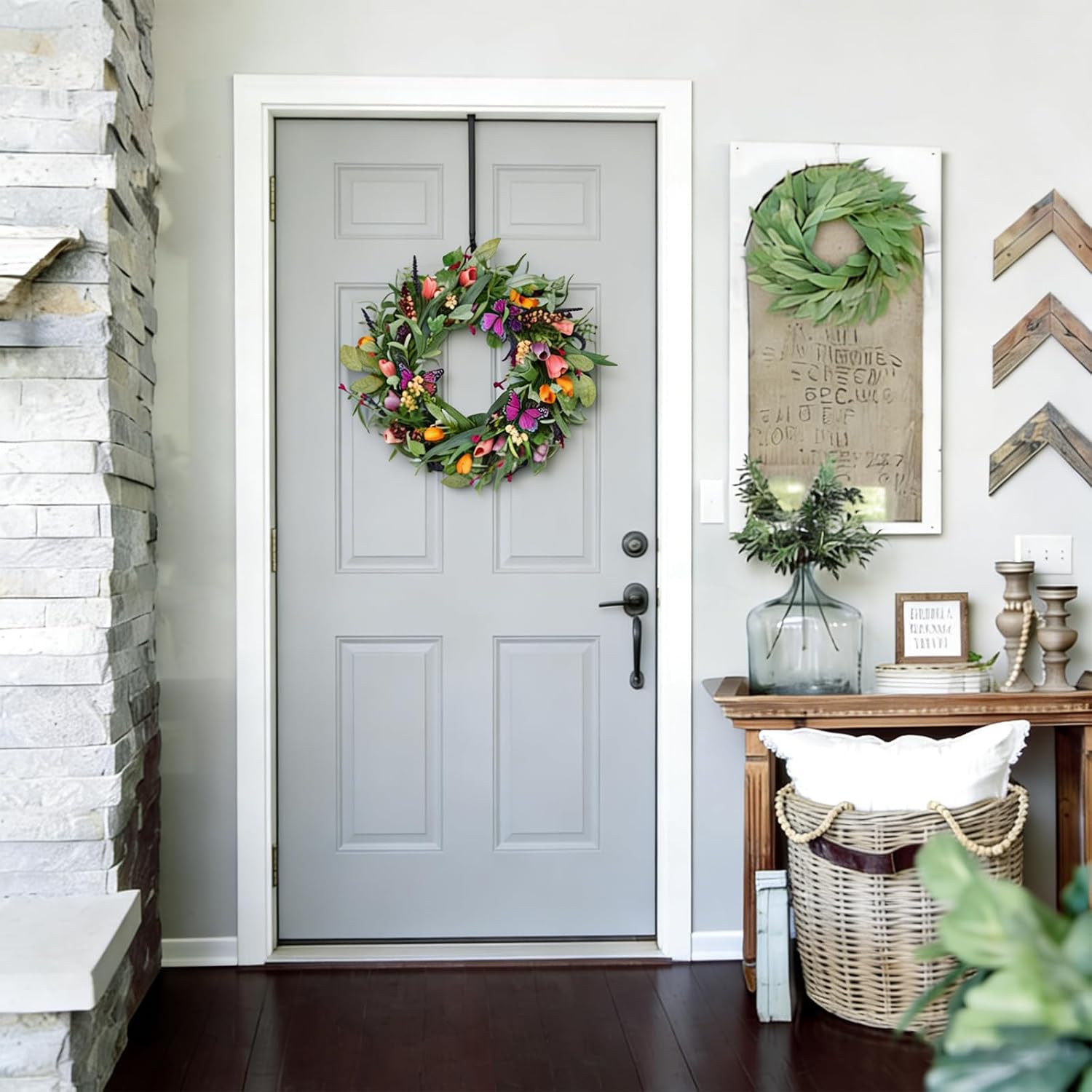 TEMPUS Spring Summer Wreath for Front Door 22 Inch - Artificial Tulip & Lavender Wreath with Butterfly, Eucalyptus Greenery, Handmade Floral Door Decoration for Farmhouse, Indoor Outdoor Home Decor