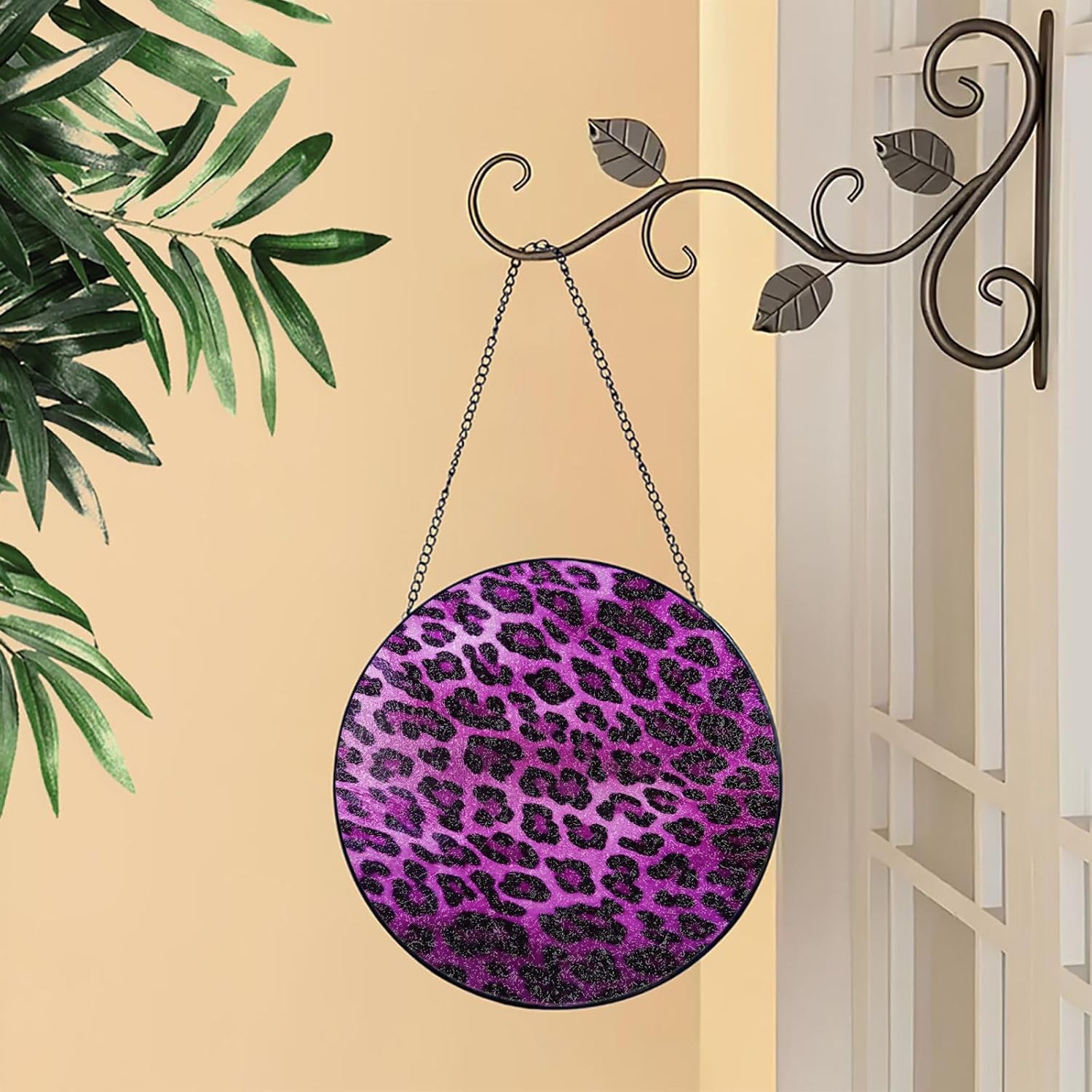Stained Glass Window Hanging 6in（15cm）, Purple Leopard Glass Suncatcher for Home Decor, Indoor Wall Art Glass Panel with Metal Chain and Hooks, Sun Catcher Ornament Birthday Gifts