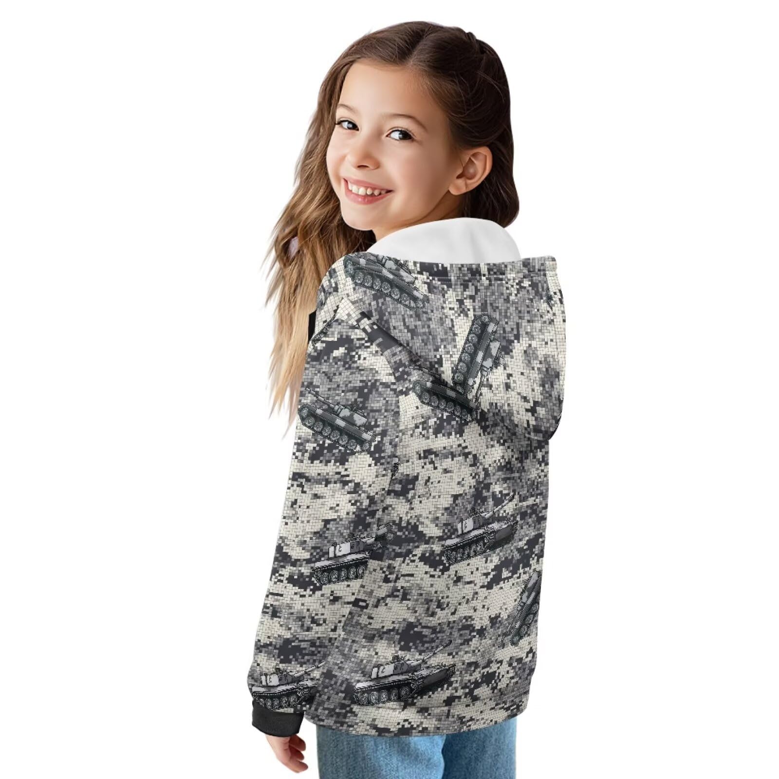 Xoenoiee Dziecięce bluzy z kapturem dla chłopców, zapinana na zamek, bluza 3D, fajna grafika zwierzęca, sweter z długim rękawem, top na jesień i zimę, Szary Camo Cartoon Tank, 6-8 Years