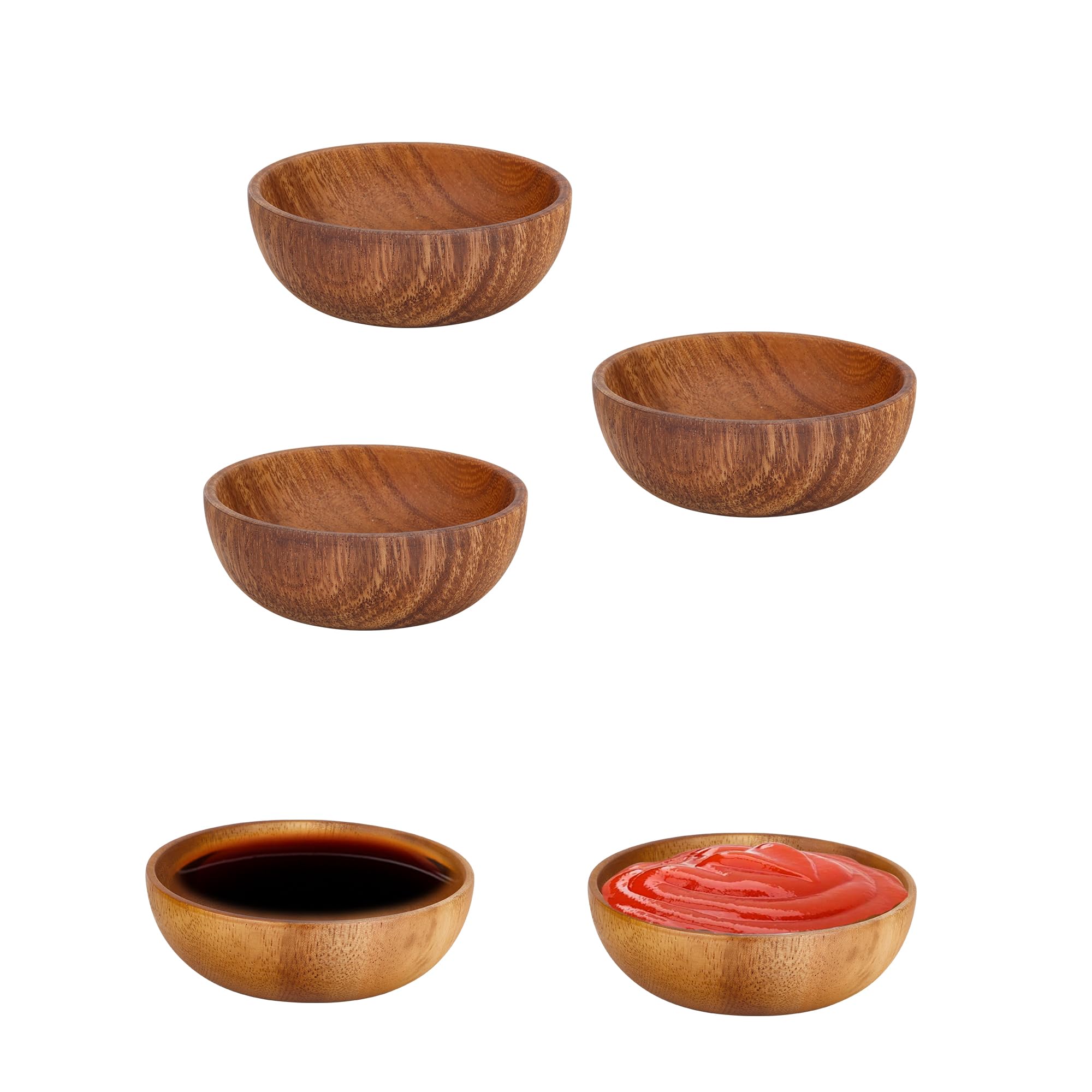 YKUKIZEE 3 PCS Acacia Wood Small Bowls for Dipping, 10 CM Round Wood Sauce Bowl, Wooden Tapas Serving Bowl for Nuts Candy Snack Condiments