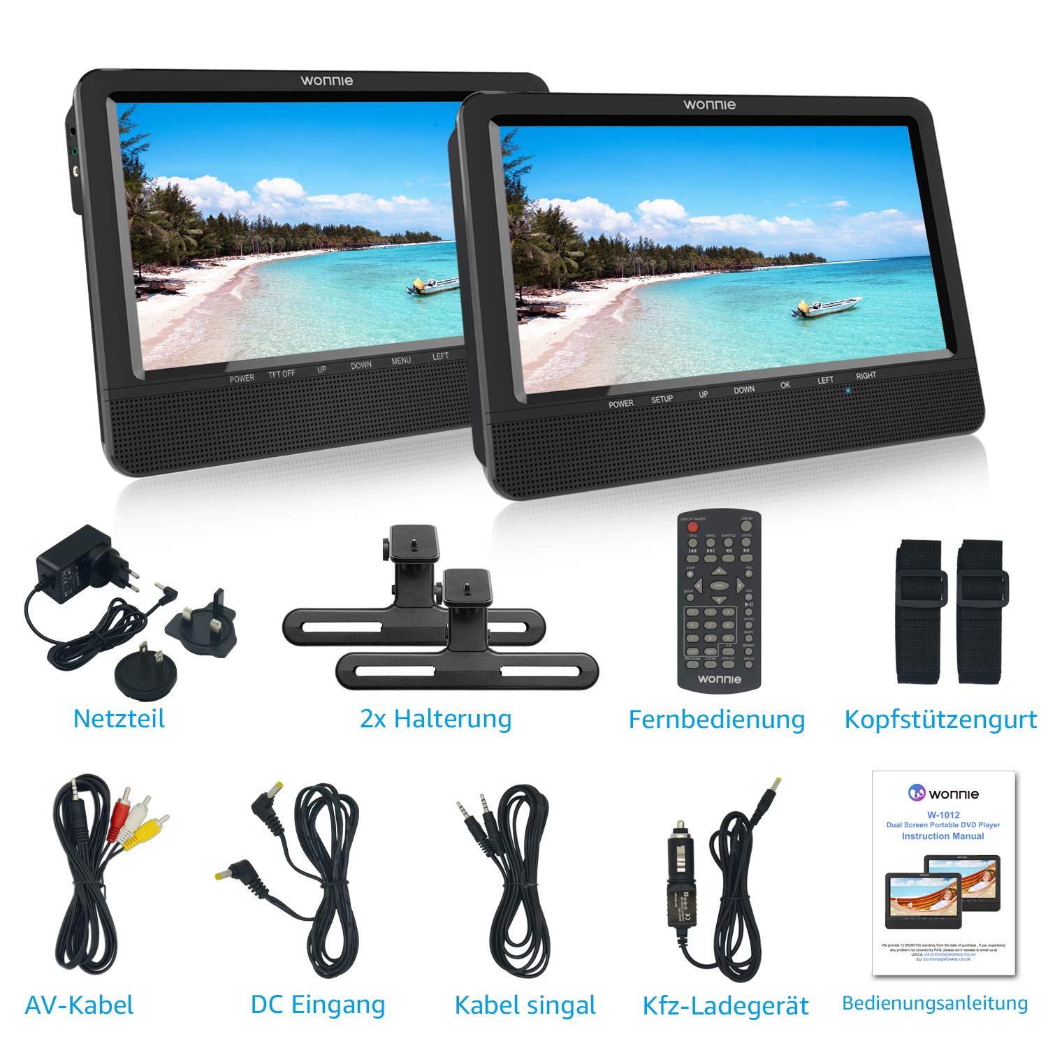 wonnie Téléviseur portable voiture lecteur DVD, avec deux 10.5 pouces TFT écran LED, avec une résolution 1024 * 600 Support de appui-tête, soutien USB/SD, idéal pour voyage des familles