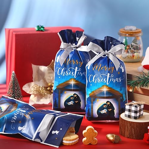 Miniatura 7 de Funrous 50 bolsas de regalo de Navidad con cordón de Navidad, bolsas de plástico a granel religiosas con lazos, bolsas de regalo sagrado de Navidad
