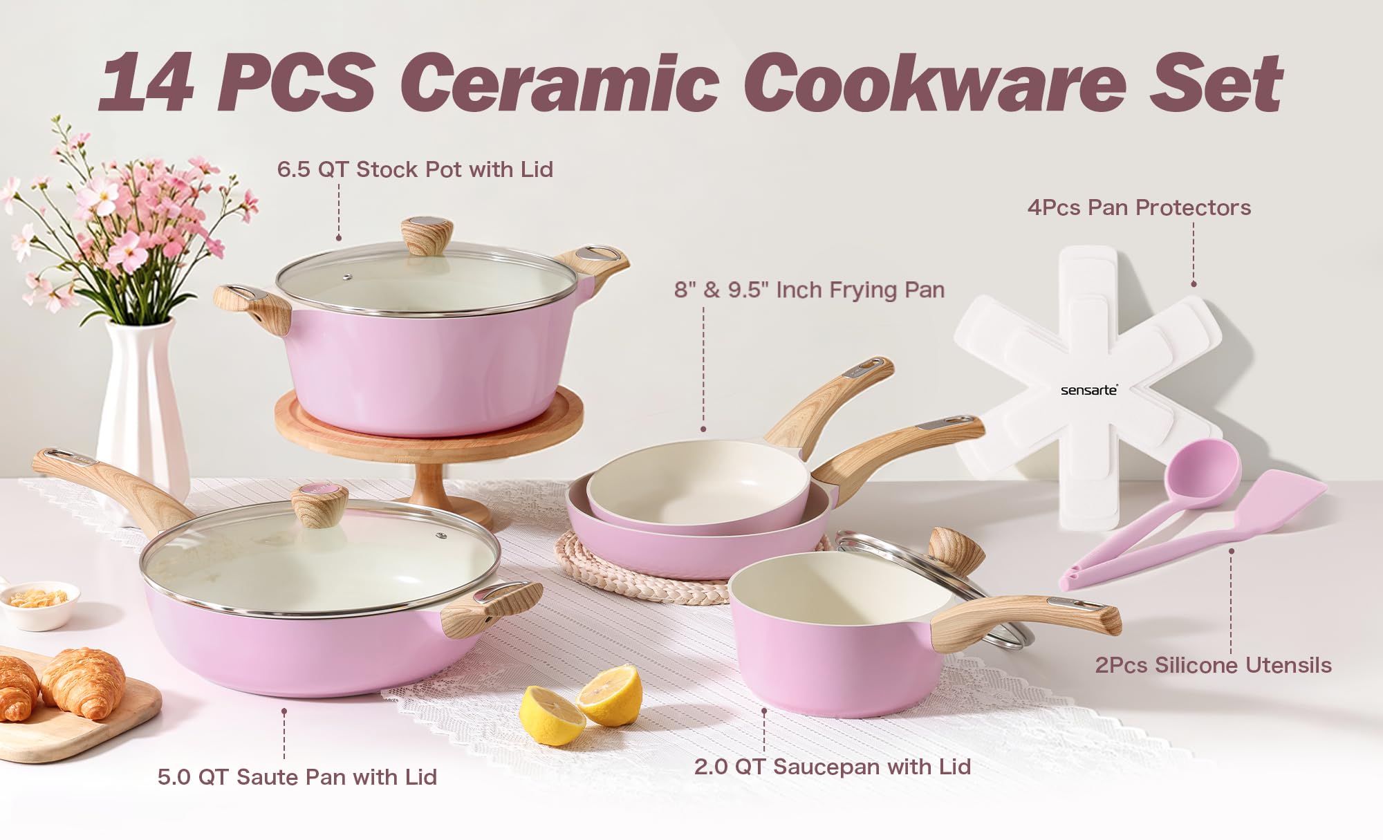 SENSARTE Ceramic Pots and Pans Set Nonstick, Kitchen Cookware Sets, 14-Piece Induction Cookware, Non-toxic Healthy Non Stick Cooking Set, with Frying Pans Set, PFAS PTFE PFOA PFOS Free view 2