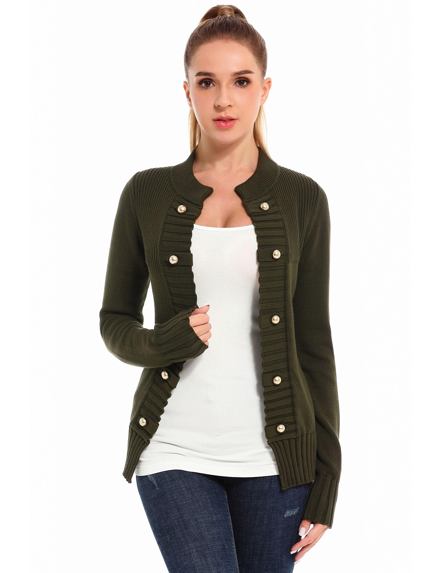 AmélieBoutikWomen Cotton Blend Stand Collar Military Style Open Front Cardigan