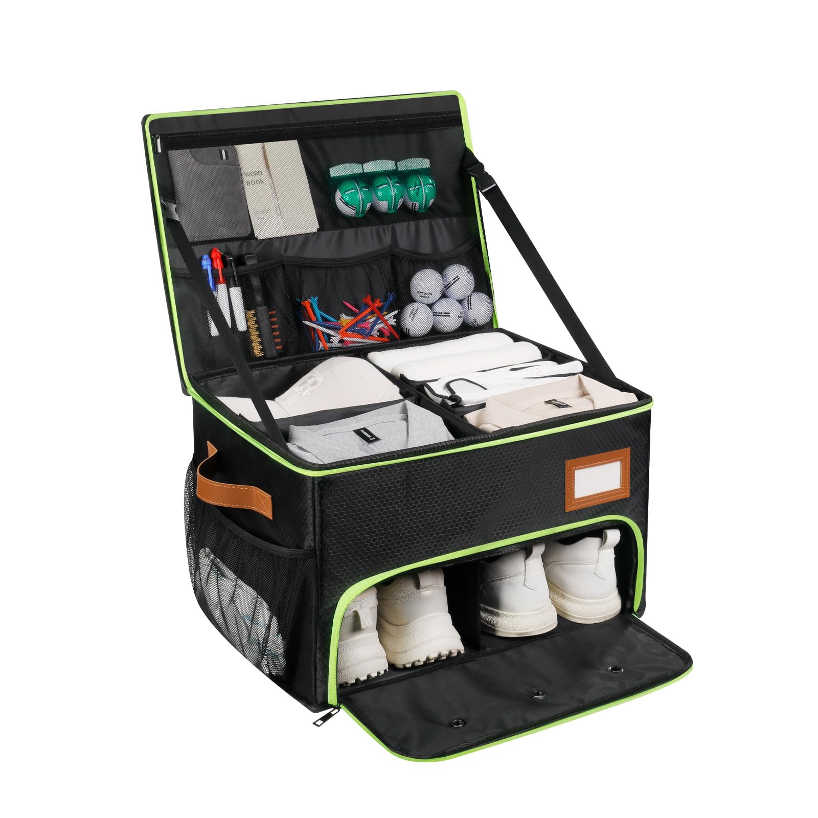 Photo 1 of 2 Layer Golf Trunk Organizer , Golf Organizer with 2 Pairs Shoes Compartment, Golf Storage Waterproof Car Trunk Locker for Balls, Caps, Clothes, Gloves, Accessories, Gifts for Golfers (Black+Green)