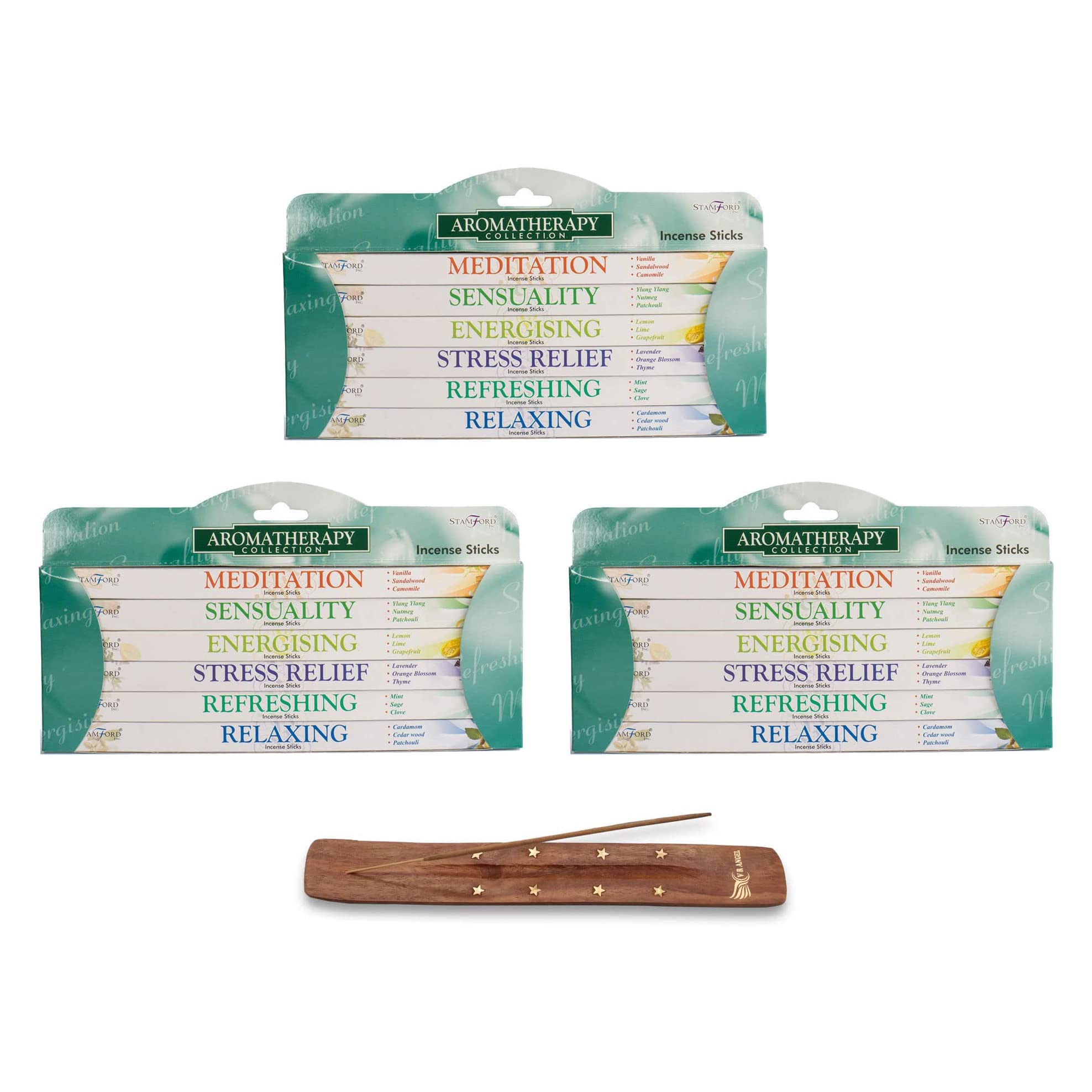 Stamford 3 x Aromatherapy Incense Stick Gift Set With VR Angel Wooden Incense Stick Holder, 6 Multi Fragrance Combo Pack, Perfect for Purification, Relaxation, Positivity, Yoga, Meditation