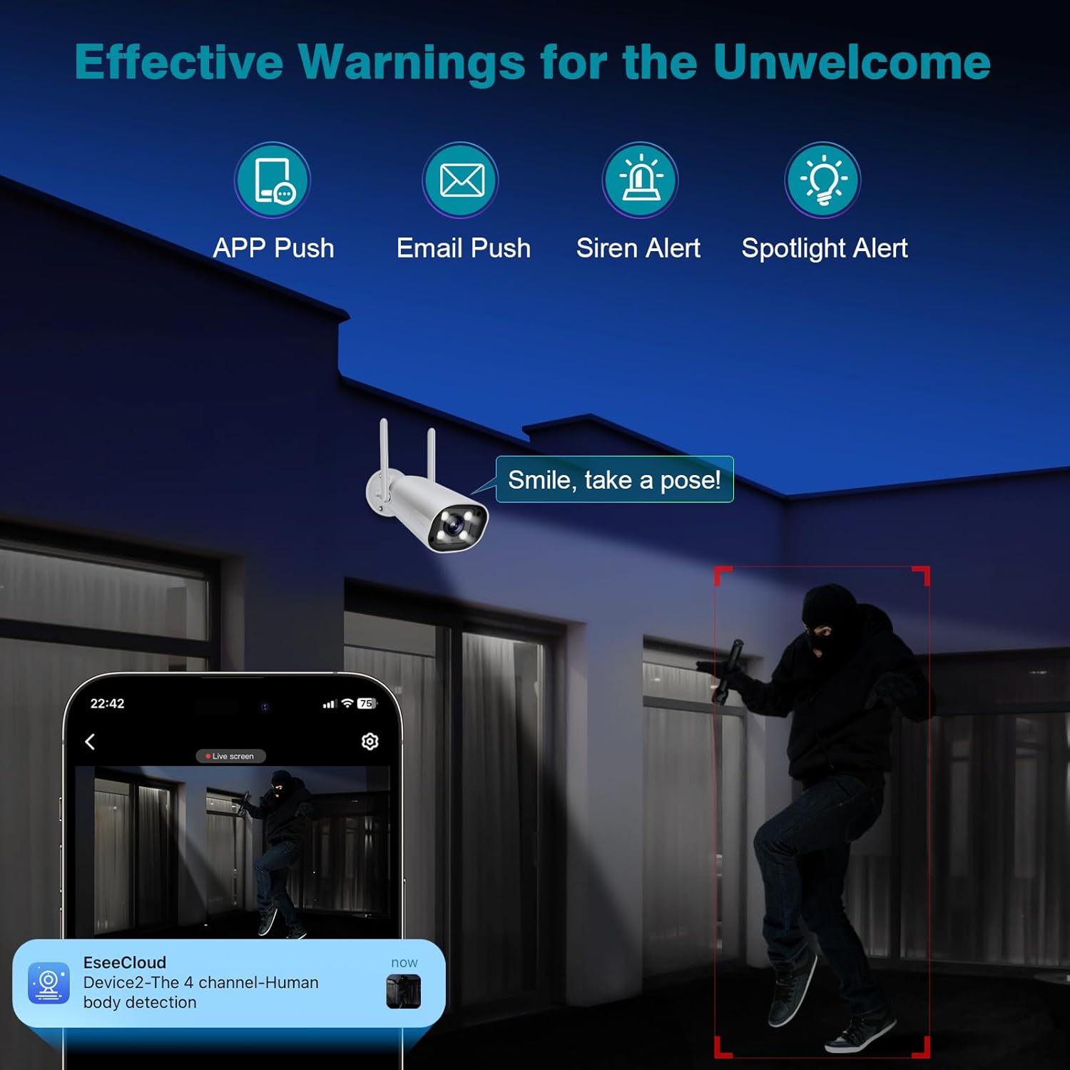 Wireless Security 5MP Camera Two Way Audio Floodlight Siren Alarm Color Night Vision Outdoor Indoor Weatherproof with 1A Power Adapter