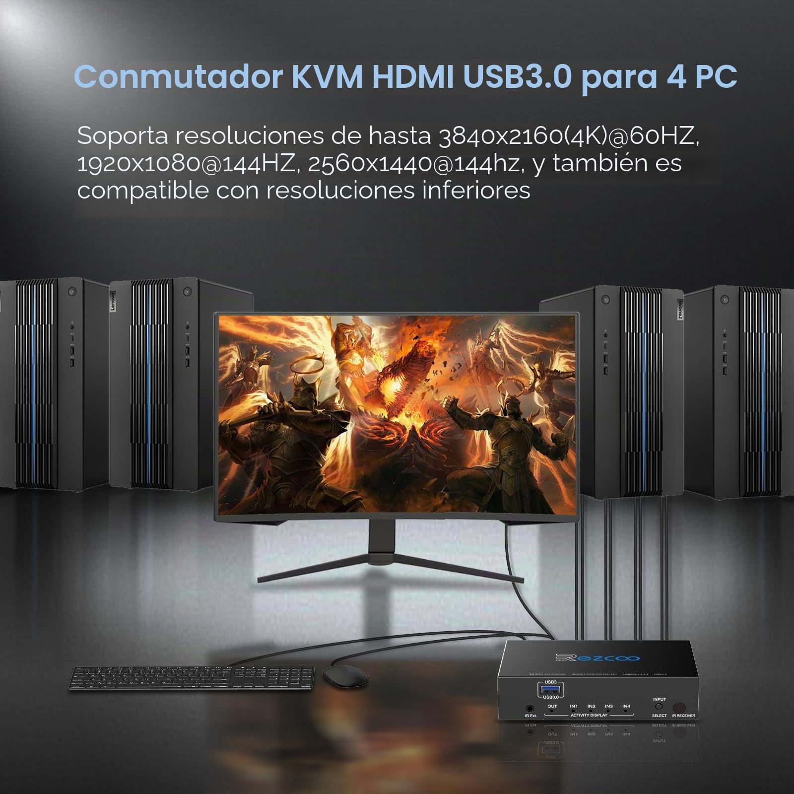 Conmutador KVM USB 3.0 HDMI de 4 puertos 4 en 1 salida 4K 60 Hz 4 en 4 salidas SPDIF 5.1 de audio - Mouse/teclado/Wireless USB para PC, Printer, escáner, Windows, Linux,