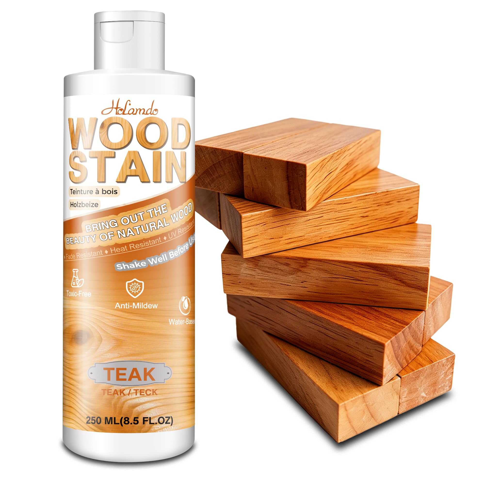 Water Based Wood Stain 250ml, Teak – Indoor Outdoor Furniture Stain & Wood Varnish for Doors, Windows, Paneling & Cabinets, Low Odor Non-Toxic, Fade Resistant, Multiple Finishes