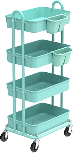 Simple Houseware 4-Tier Rolling Utility Cart with Hanging Bucket, Turquoise