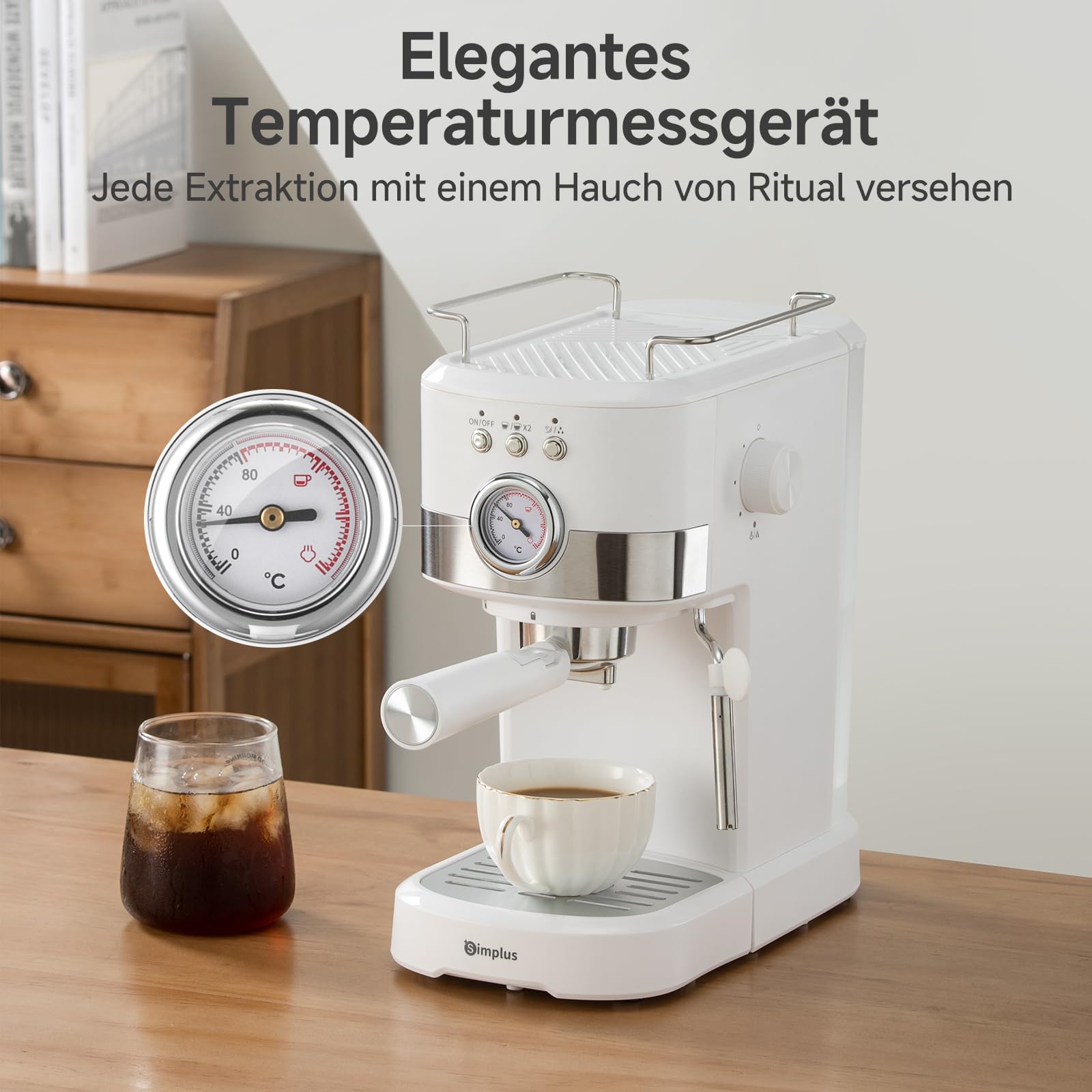 SIMPLUS Espressomaschine 15 Bar Dual Shot, Temperaturanzeige, schwenkbare Dampfdüse für cremigen Milchschaum, 1,2-L-Wassertank, Warmhalteplatte, automatische Abschaltung und abnehmbares Tropfblech