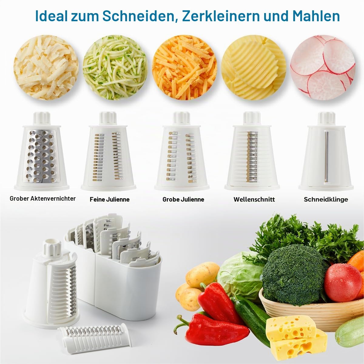 Drehbare Käsereibe Handkurbel, 5 Klingen Käsezerkleinerer, stärkere Saugkraft, leicht zu reinigen für Obst, Gemüse, Nüsse, Schwarz