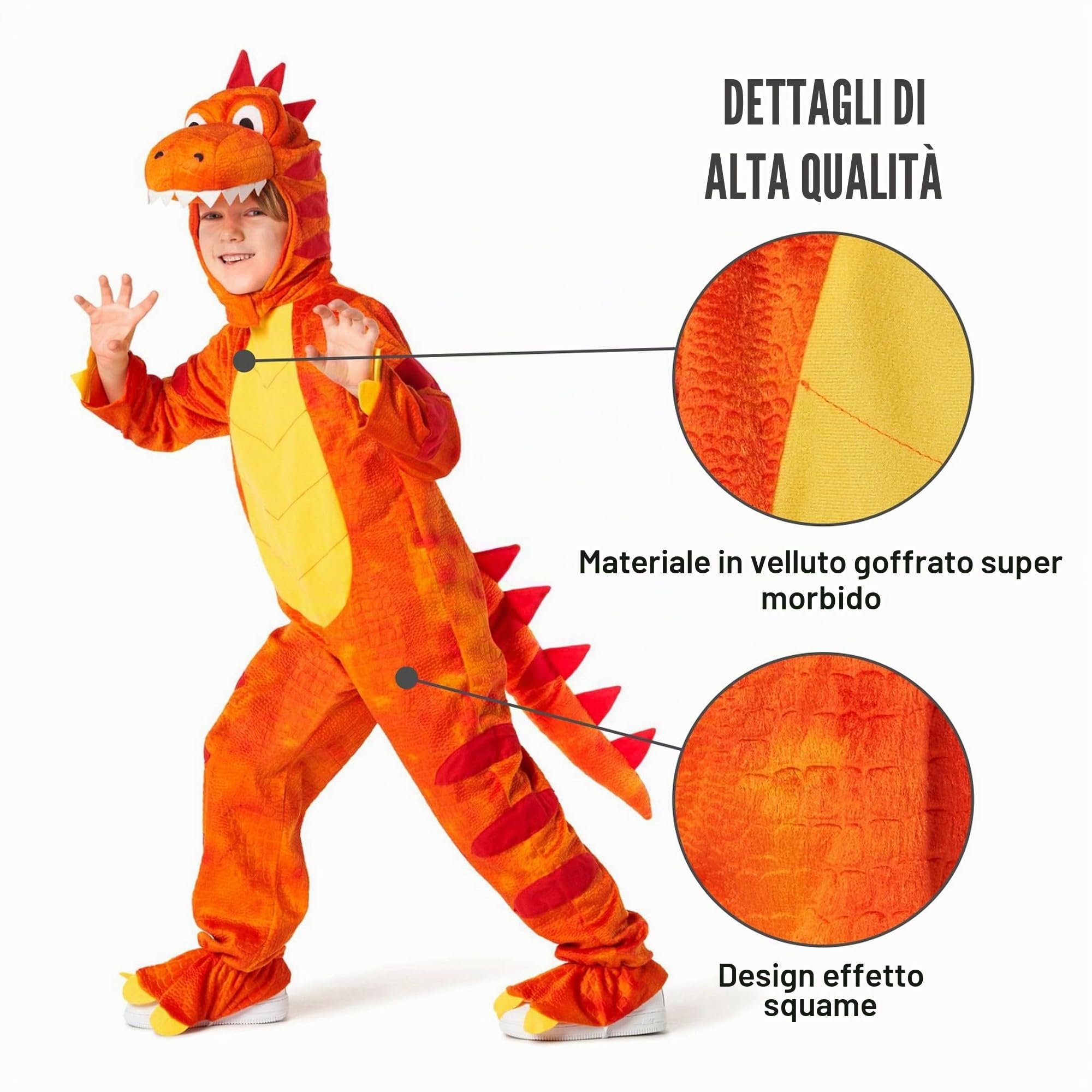 Morph Dinosauro Costume Bambino, Vestito Dinosauro Bambino | Tuta con Coda & Copricapo, Velluto Arancione Goffrato, Da Infilare, Perfetto per Halloween, Ideale per il Gioco di Ruolo