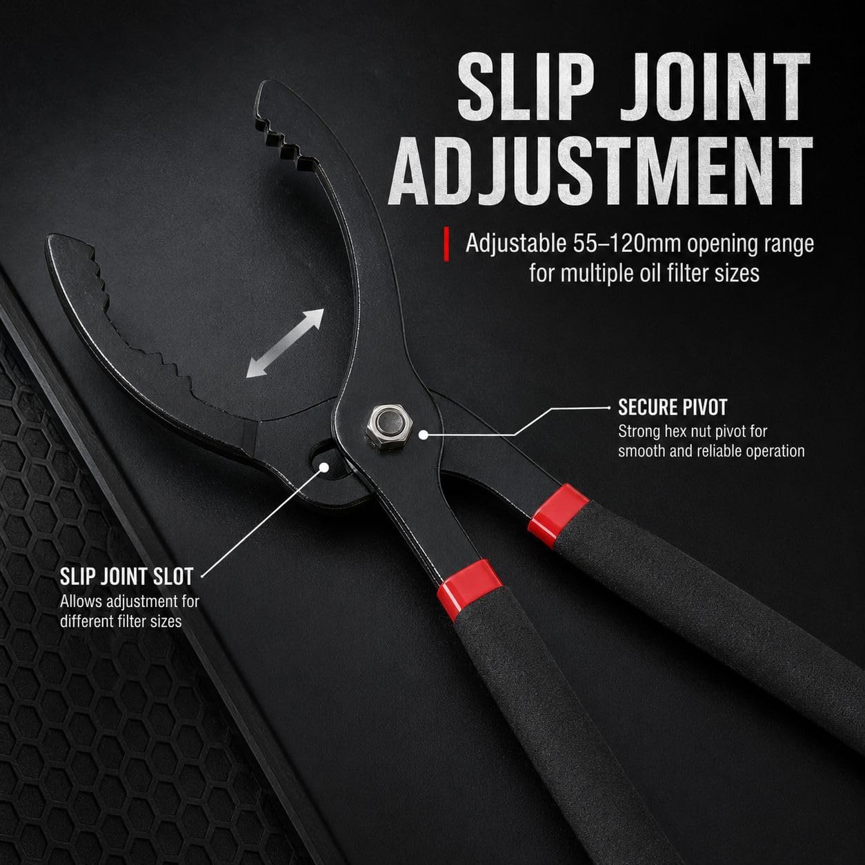 12-Inch Adjustable Oil Filter Pliers, Heavy Duty Slip Joint Oil Filter Wrench Removal Tool with Serrated Jaws and Non-Slip Grip, 55–120mm Capacity for Car, Truck and Engine Filters, 1 Pack