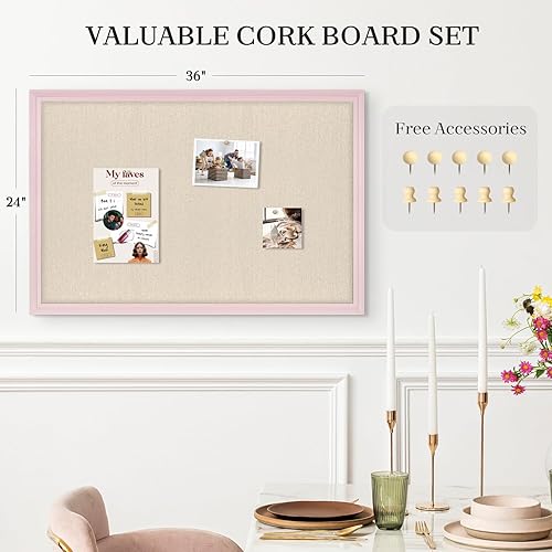 Vista 61 de Tablero de corcho grande de doble cara con lino, tablero de anuncios con marco de madera colgante de 24 x 18 pulgadas, tablero de visión