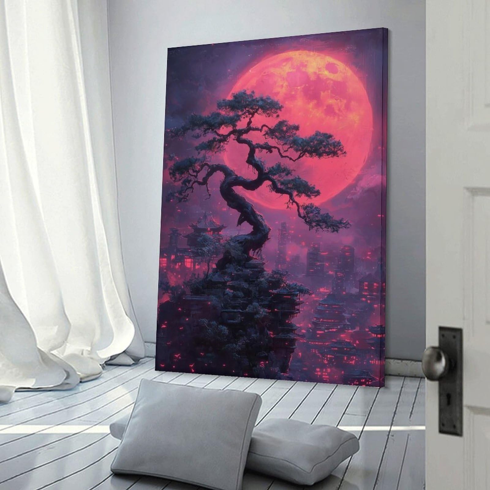 Junmoney Frame-Style-22 Red Moon Bonsai Cityscape Canvas Wall Art 20X30inch(50X75cm), For Workspace Walls, Study Corners Or Bedrooms, Wall Art That Adds Style To Work Areas