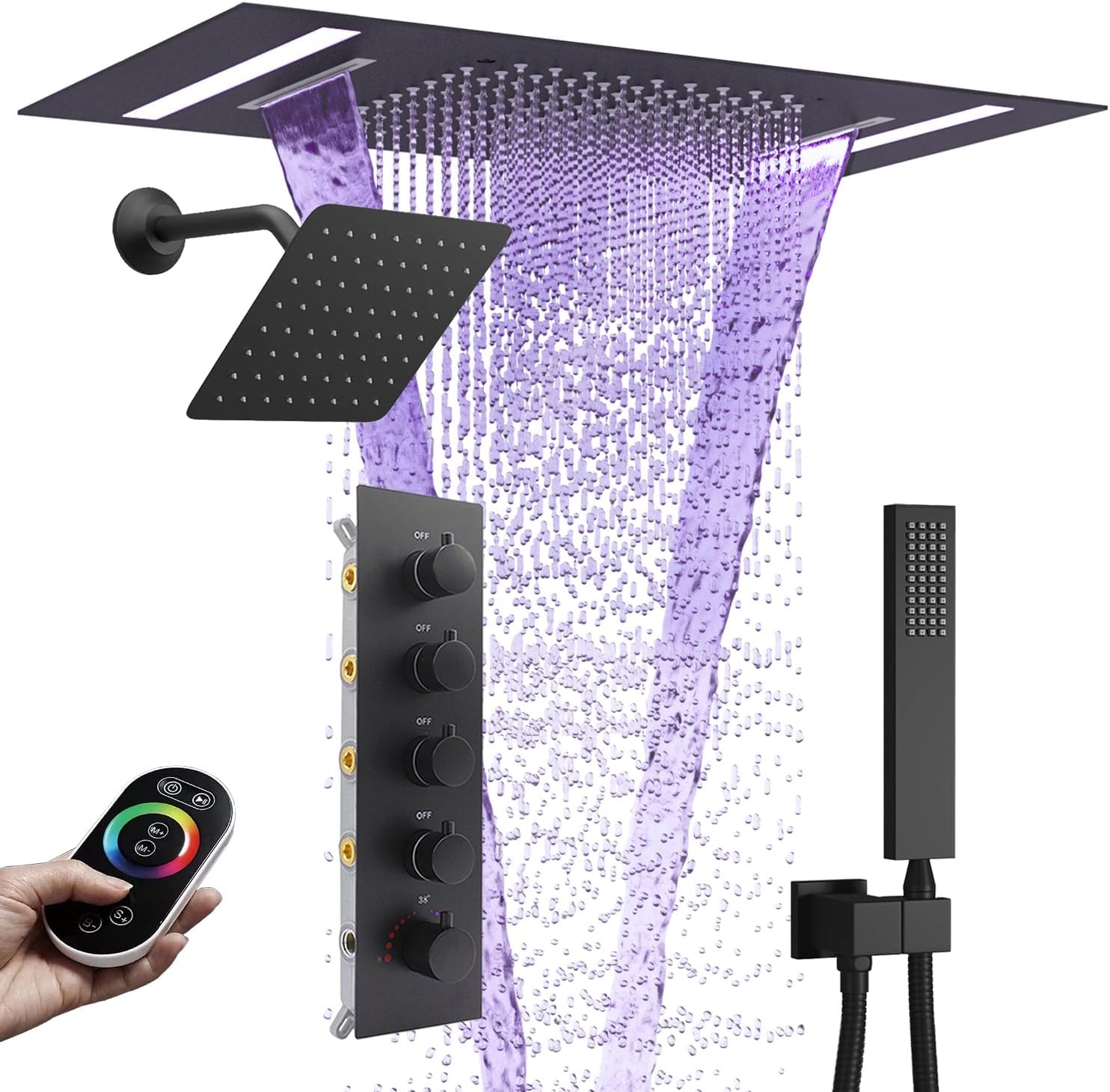 Dual Rain Shower Head Thermostatic Luxury Spa Shower System And Ceiling Mount 14x20 Inch LED 4 Functions with 6 Inch Wall Head Shower Faucet Set,Matte Black