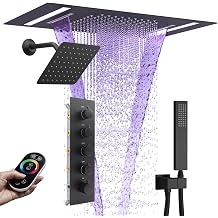 Dual Rain Shower Head Thermostatic Luxury Spa Shower System And Ceiling Mount 14x20 Inch LED 4 Functions with 6 Inch Wall Head Shower Faucet Set,Matte Black