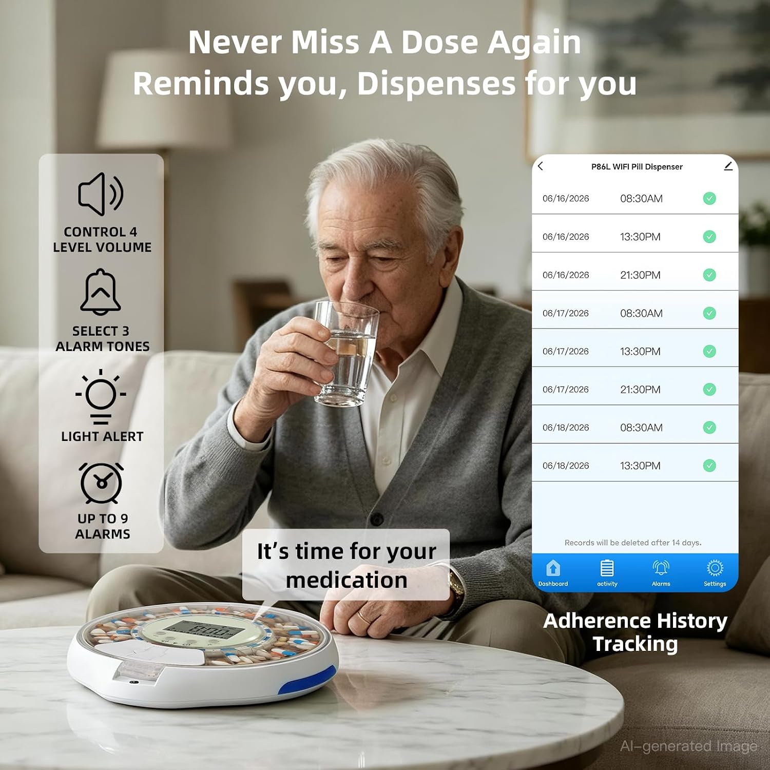 EziMedPil WiFi Automatic Pill Dispenser with Caregiver Alerts for Elderly
