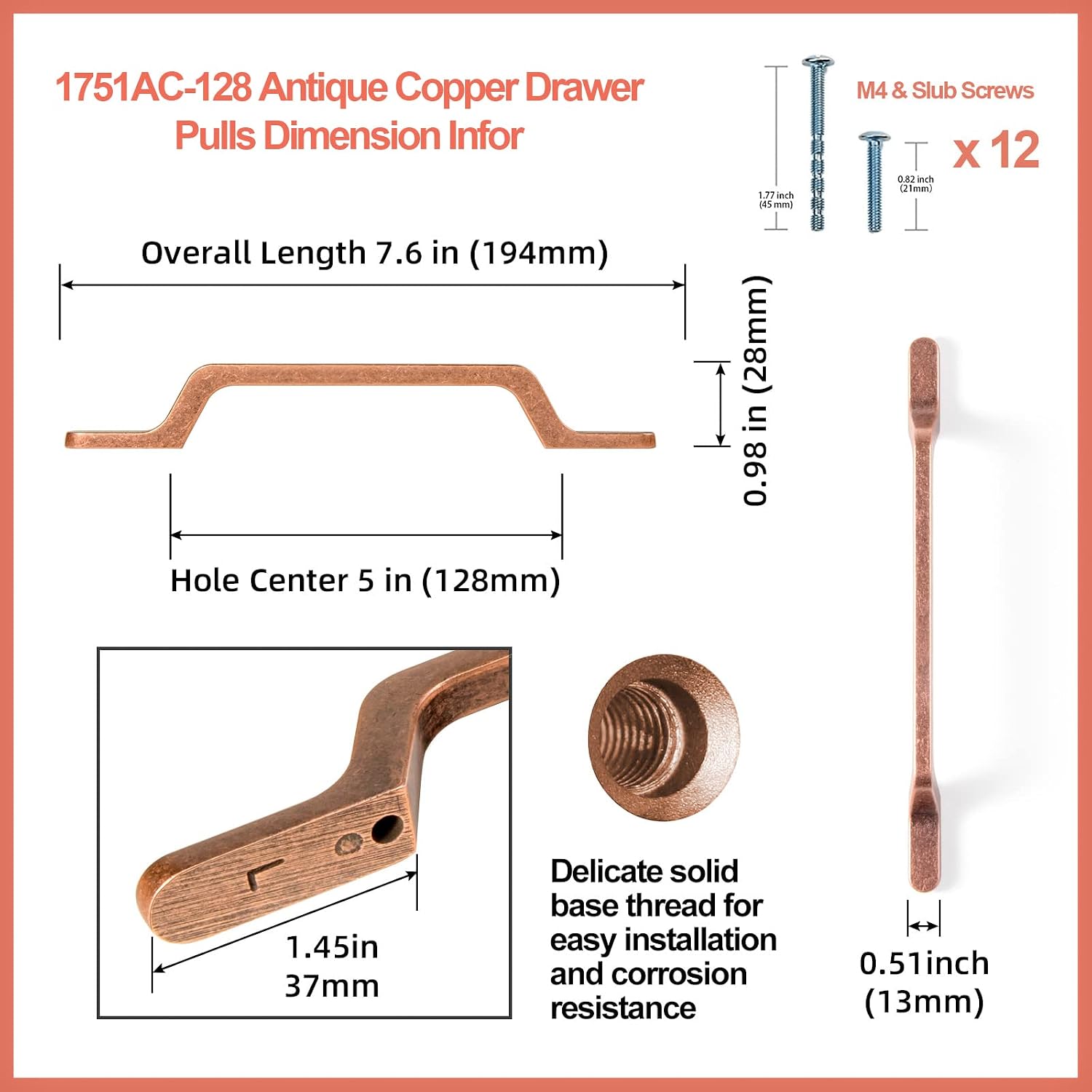 Goo-Ki 6 Pack 5.04"(128mm) c-c Kitchen Cabinet Hardware Antique Copper Drawer Pulls - Retro Bar Handle for Dresser Cupboard, Red Bronze Pull for Bathroom Closet Wardrobe, 1751AC-128