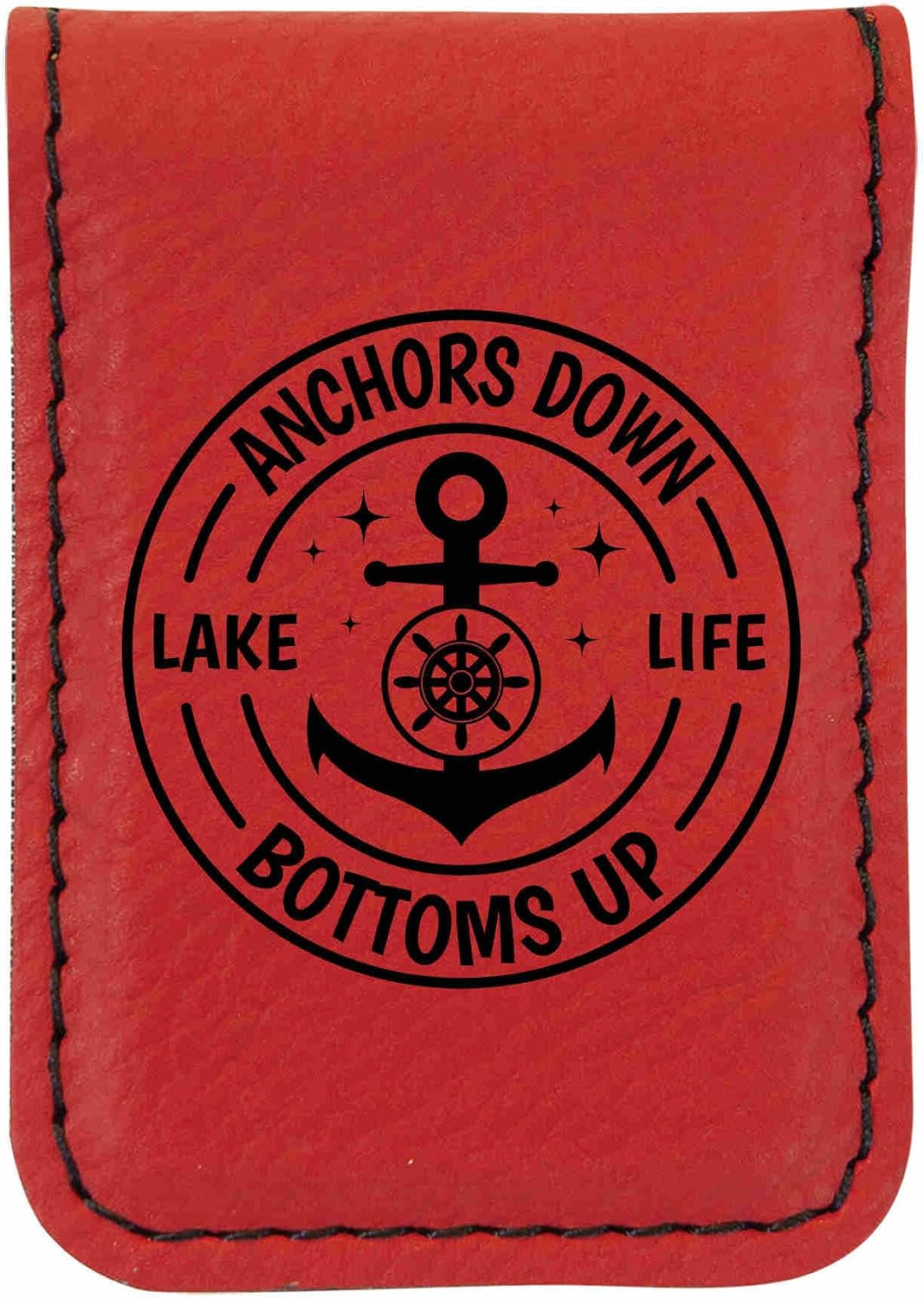 Lake Life Anchors Down Bottoms Up Red Magnetic Leatherette Money Clip - 1.75 x 2.5 Inches