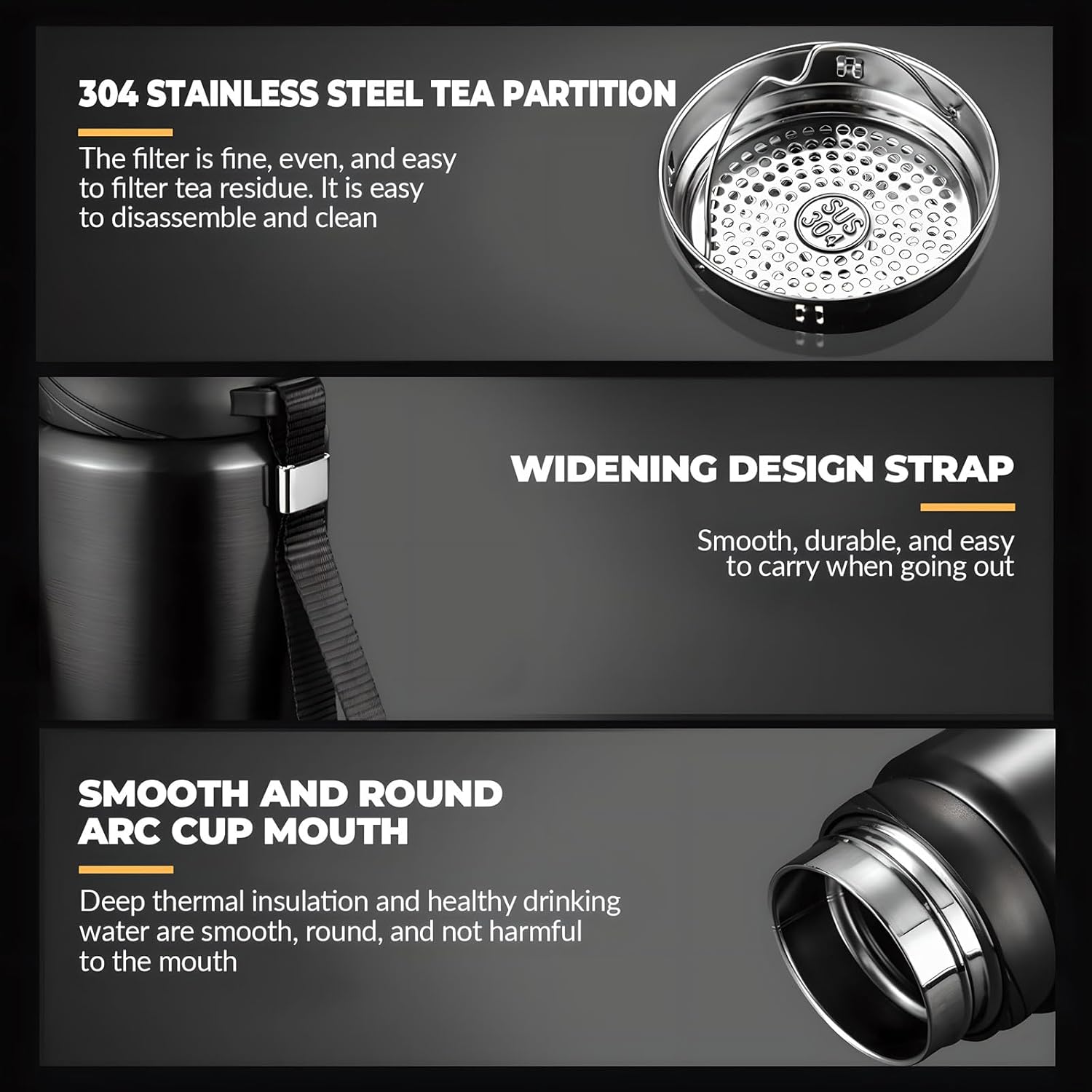 Insulated Water Bottles 24oz 32 oz 40oz Coffee Tea Infuser Bottle Thermal Cup Double Walled Vacuum Insulated Stainless Steel Flask Leak Proof Travel Mug Keep Warm (black, 60oz)