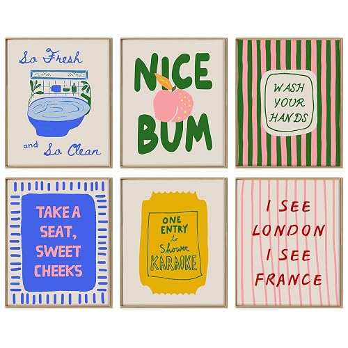 TWNSLLA Maximalist Funny Bathroom Wall Art Retro Colorful Striped Quotes