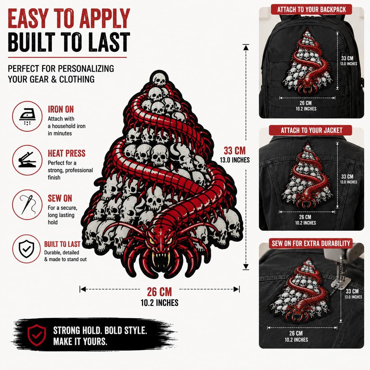 Large Red Centipede & Skull Pile Iron-On or Sew-On Patch 33 x 26 cm – Embroidered Applique for Jackets, Vests, Backpacks & Clothing