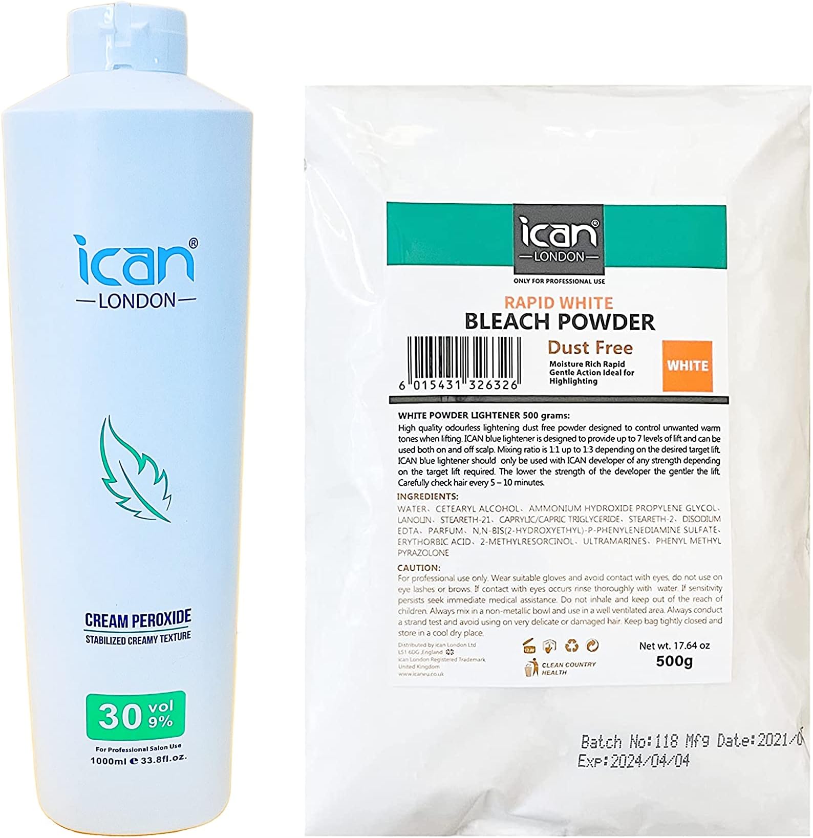PROFESSIONAL CREAM PEROXIDE 30 VOL 9% 1000 ML + WHITE POWDER BLEACH 500 G COMBO SET