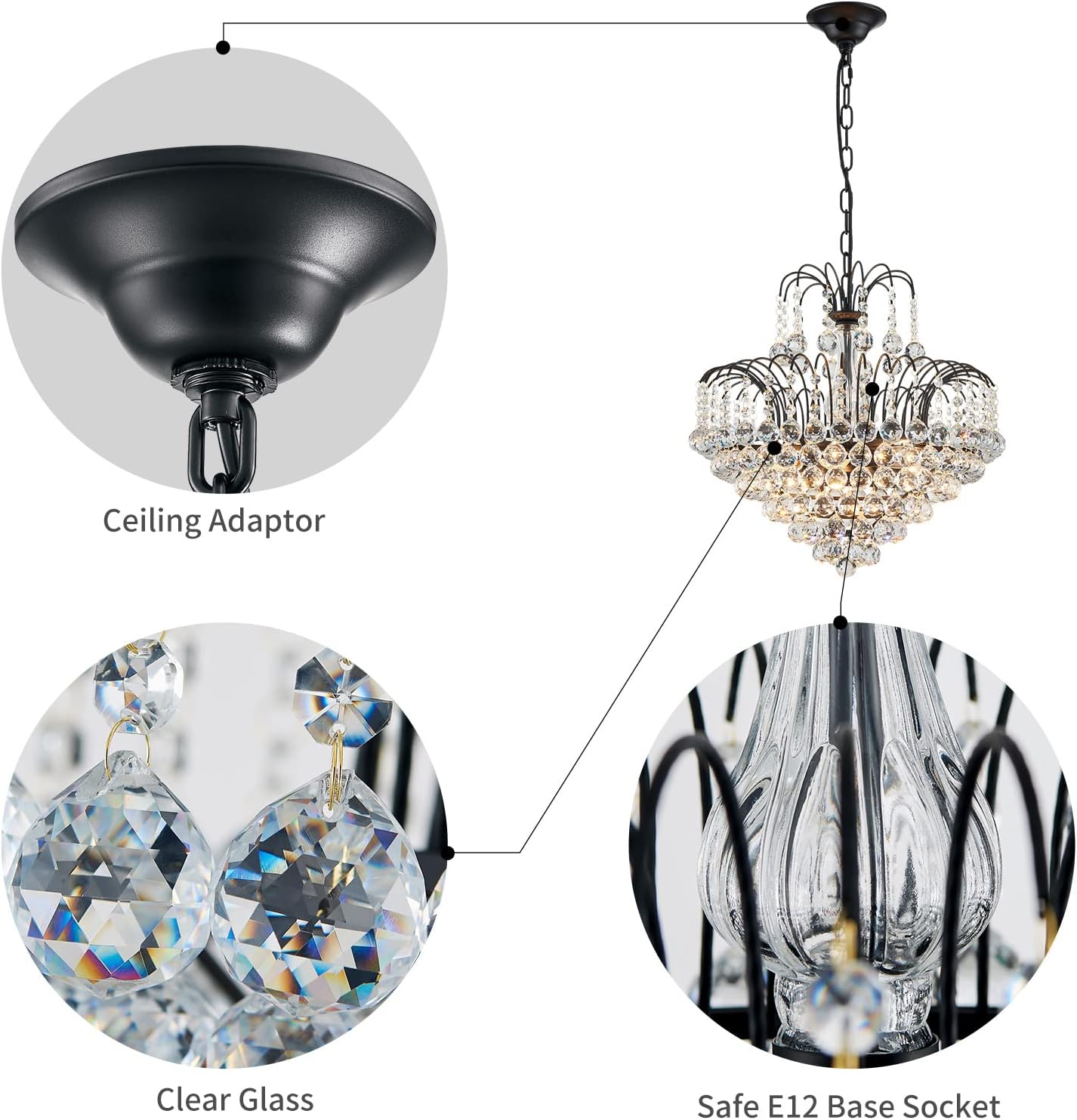 WUZUPS Crystal Chandelier Pendant Flushmount Ceiling Light Modern Lighting Fixture for Bedroom Hallway Bar Kitchen Bathroom, H 17.3" x W 18.9", Black, E12 Base