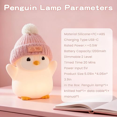 Miniatura 7 de Luz nocturna de pingüino, bonita lámpara de pingüino rosa con sombrero de punto, luz nocturna de silicona suave para bebé, recargable, regulable,