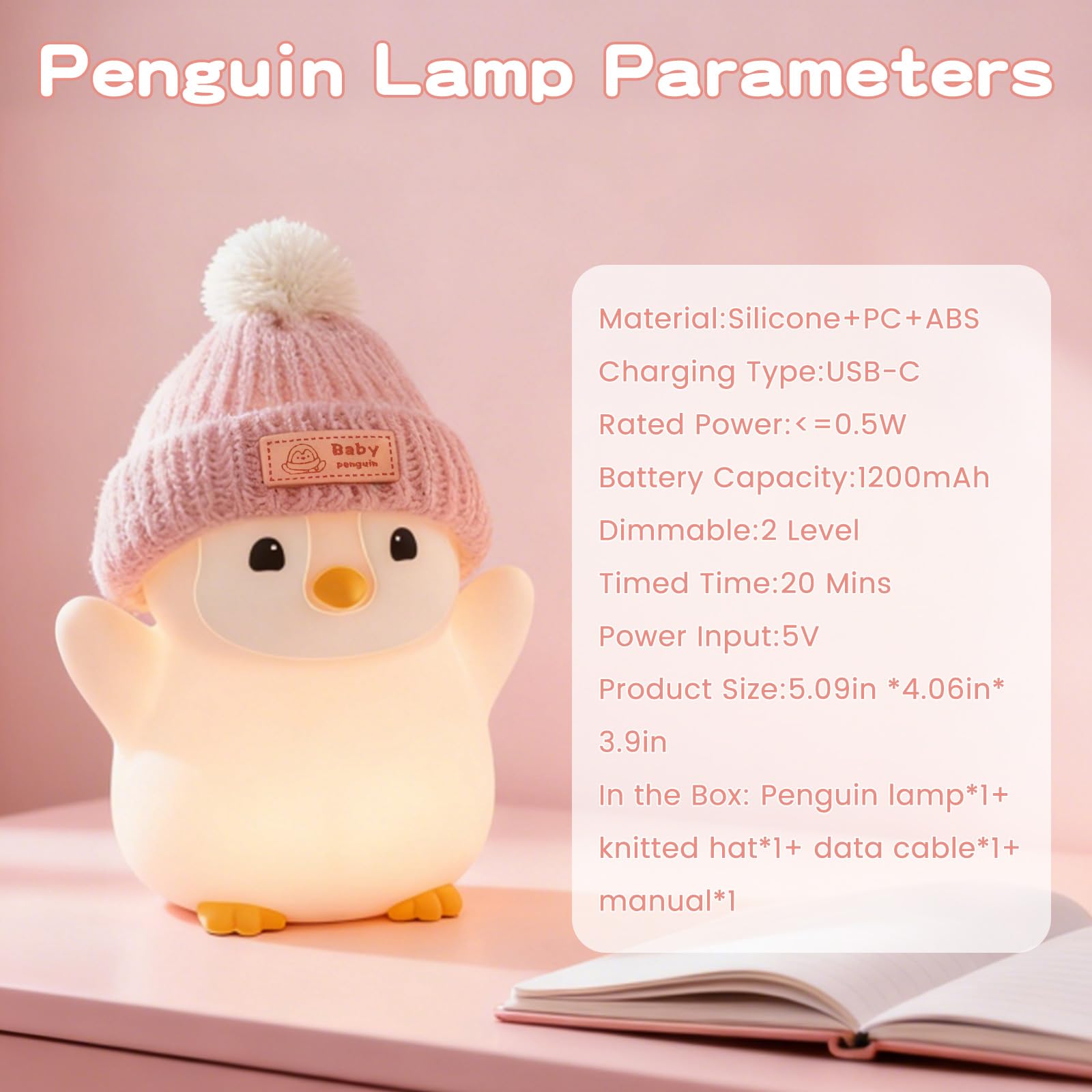 FAMIDUO Luz Nocturna Bebe Pingüino, Luz Nocturna Infantil de Silicona con Control Táctil, LED Recargable Lampara Bebe Noche 20 Minutos Temporizador,Decoración para Dormitorio,Regalo para Bebés y Niños