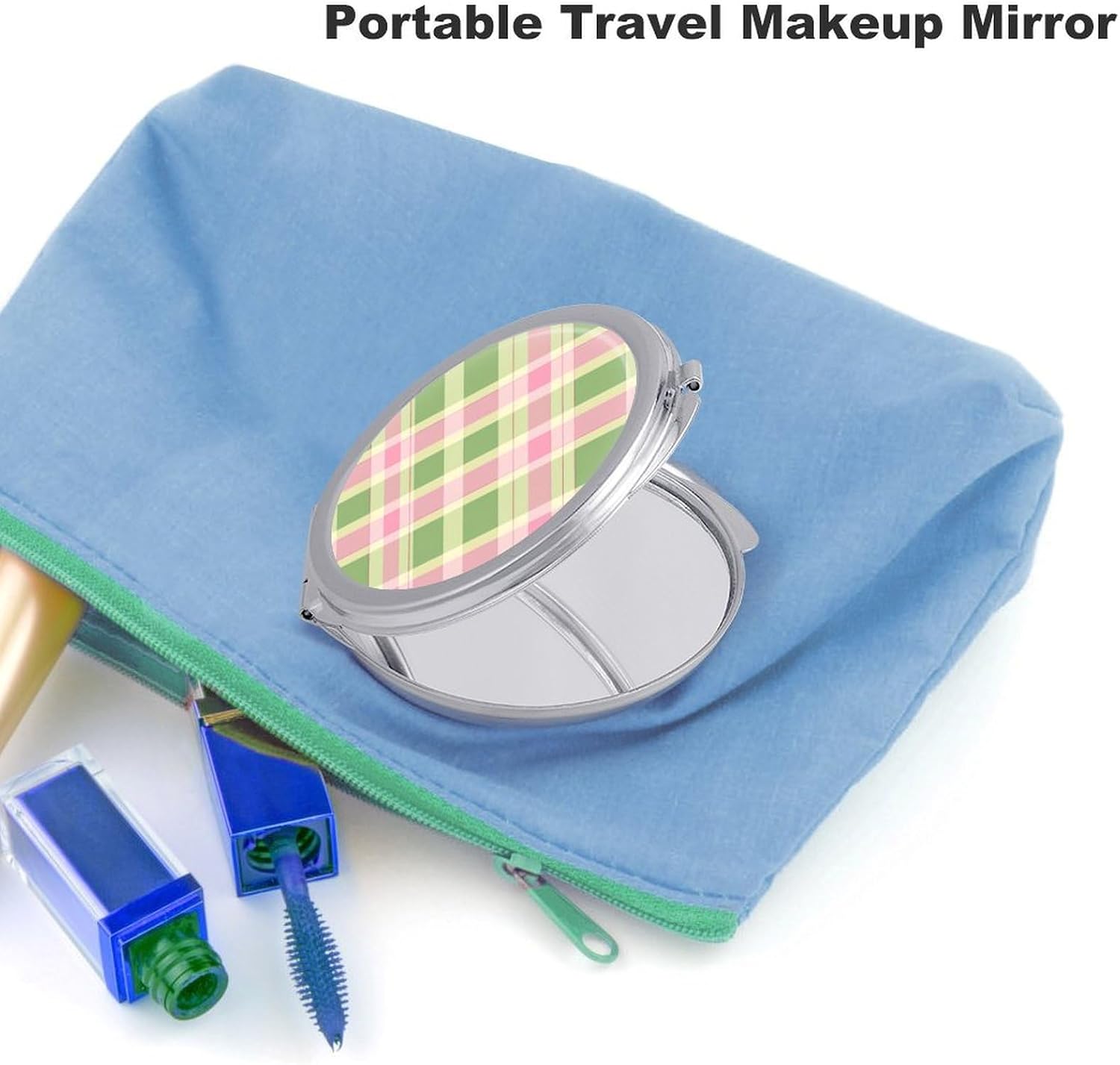 Green Pink Plaid Compact Makeup Mirror Mini Foldable Cosmetic Mirror Portable Travel Mirror for Purse Pocket