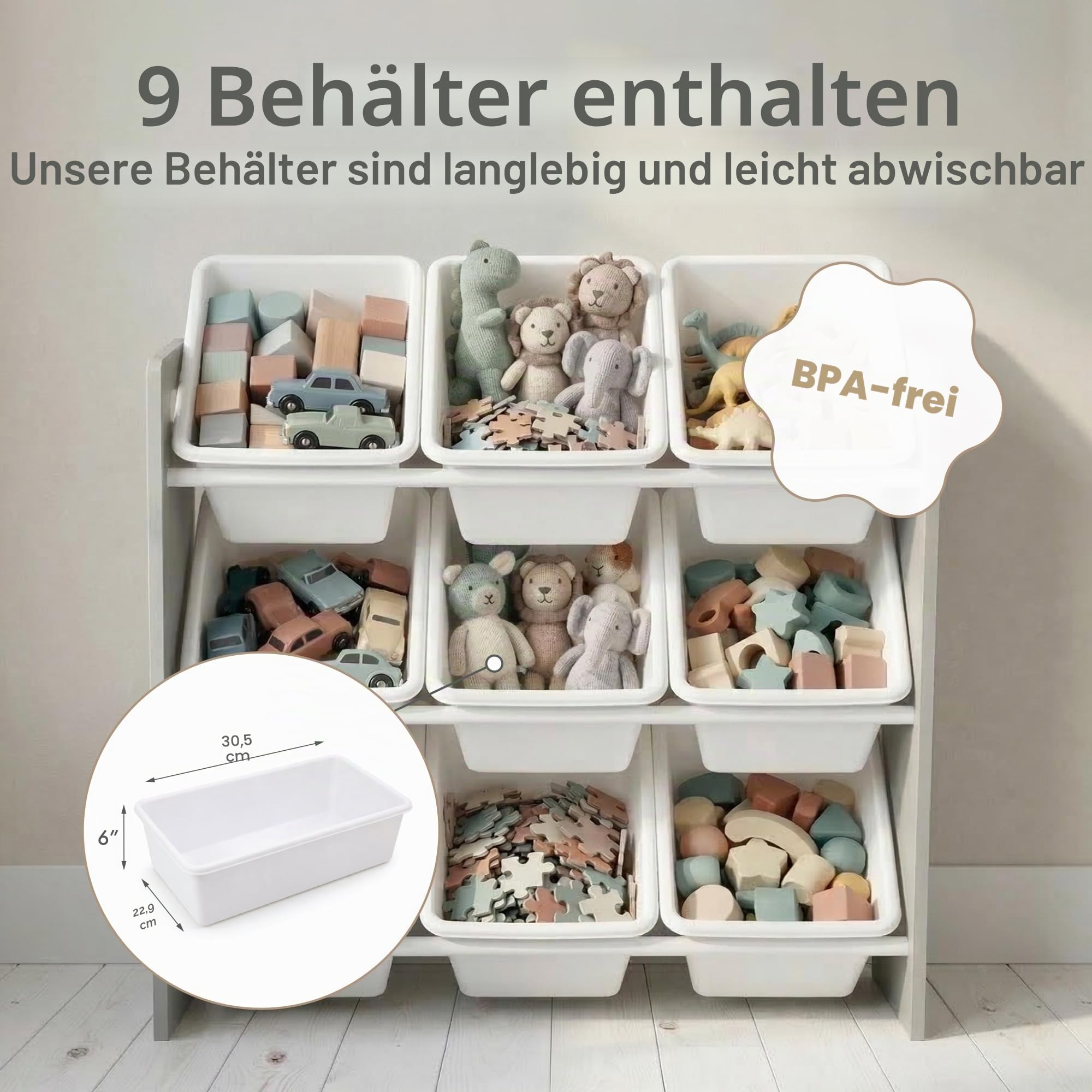 Humble Crew Kinderregal – Spielzeugregal mit 9 Aufbewahrungsboxen, Aufbewahrungsregal für Kinderzimmer, Grau/Weiß