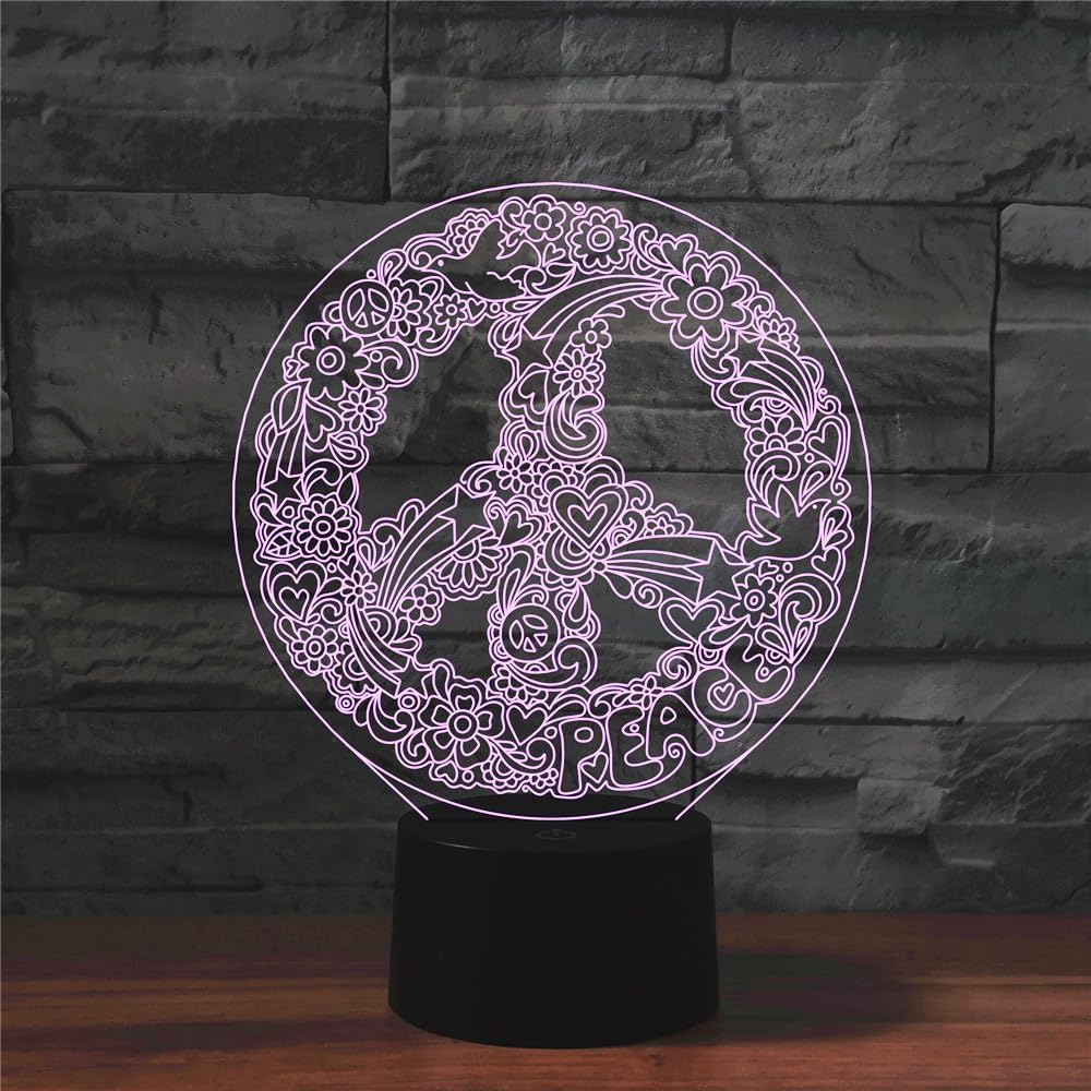 Peace Pattern 3D Illusion Night Light Touch Table Desk Lamp with Remote Control 16 Colors Optical USB LED Night Light for Kids Gift Room Decoration