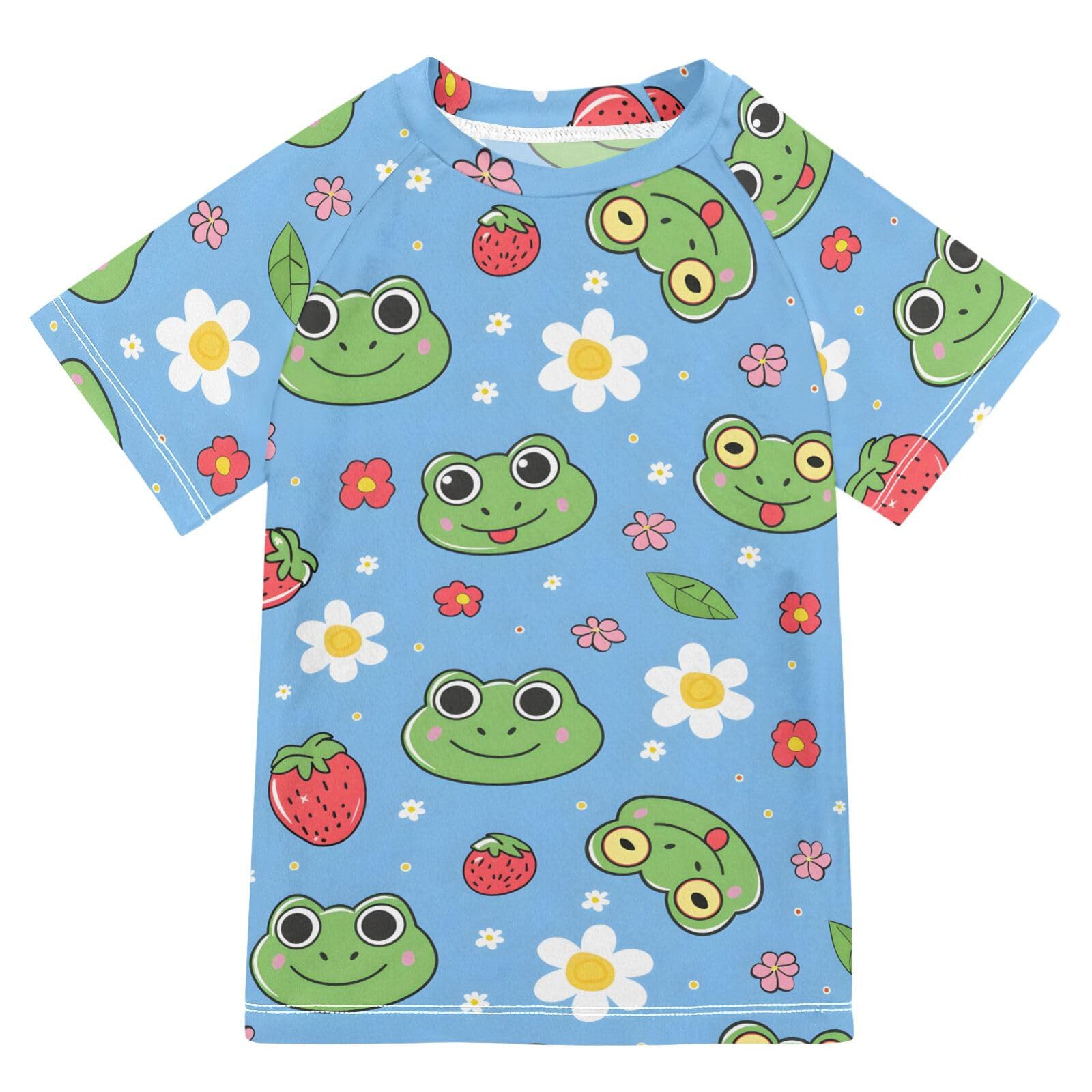 ALAZA Boys Swim Shirt Short Sleeve Rash Guard for Boys Girls UPF 50+ Frog Cartoon Blue 9-10T