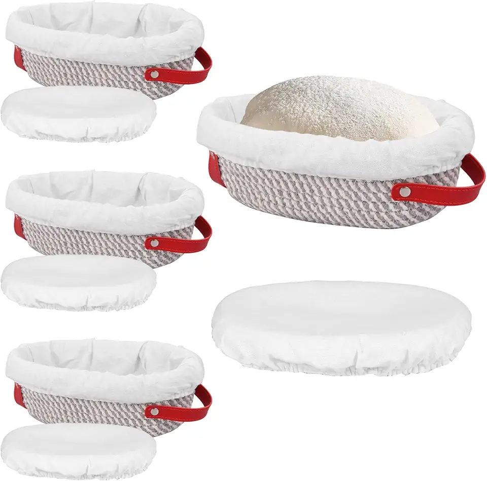Pacote com 4 cestas à prova de pão, cesta de massa fermentada de corda de algodão com forro e capa, suprimentos ovais para assar pão de fermento caseiro
