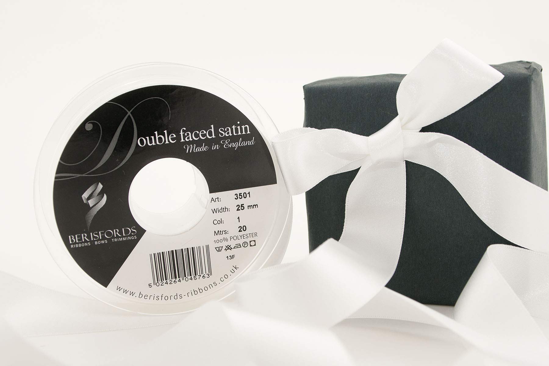 Berisfords 3501 Double Satin Ribbon, 01 White, 20 m