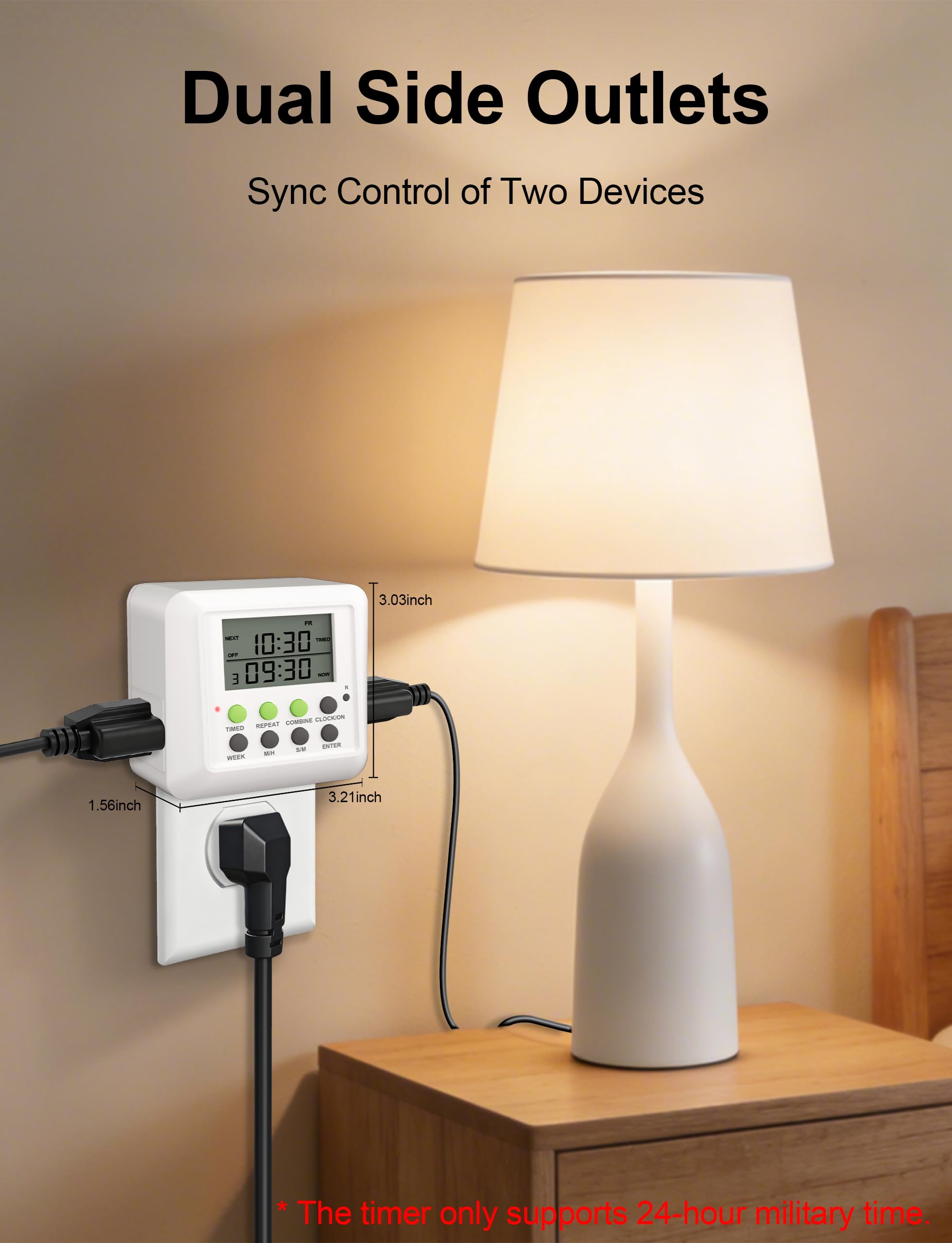 Techbee Dual Outlet Digital Timer Plug, 7 Day 24 Hour Programmable Cycle Timer, Combined Weekly/Daily & Intermittent Timing, 15A, 1 Pack - 3