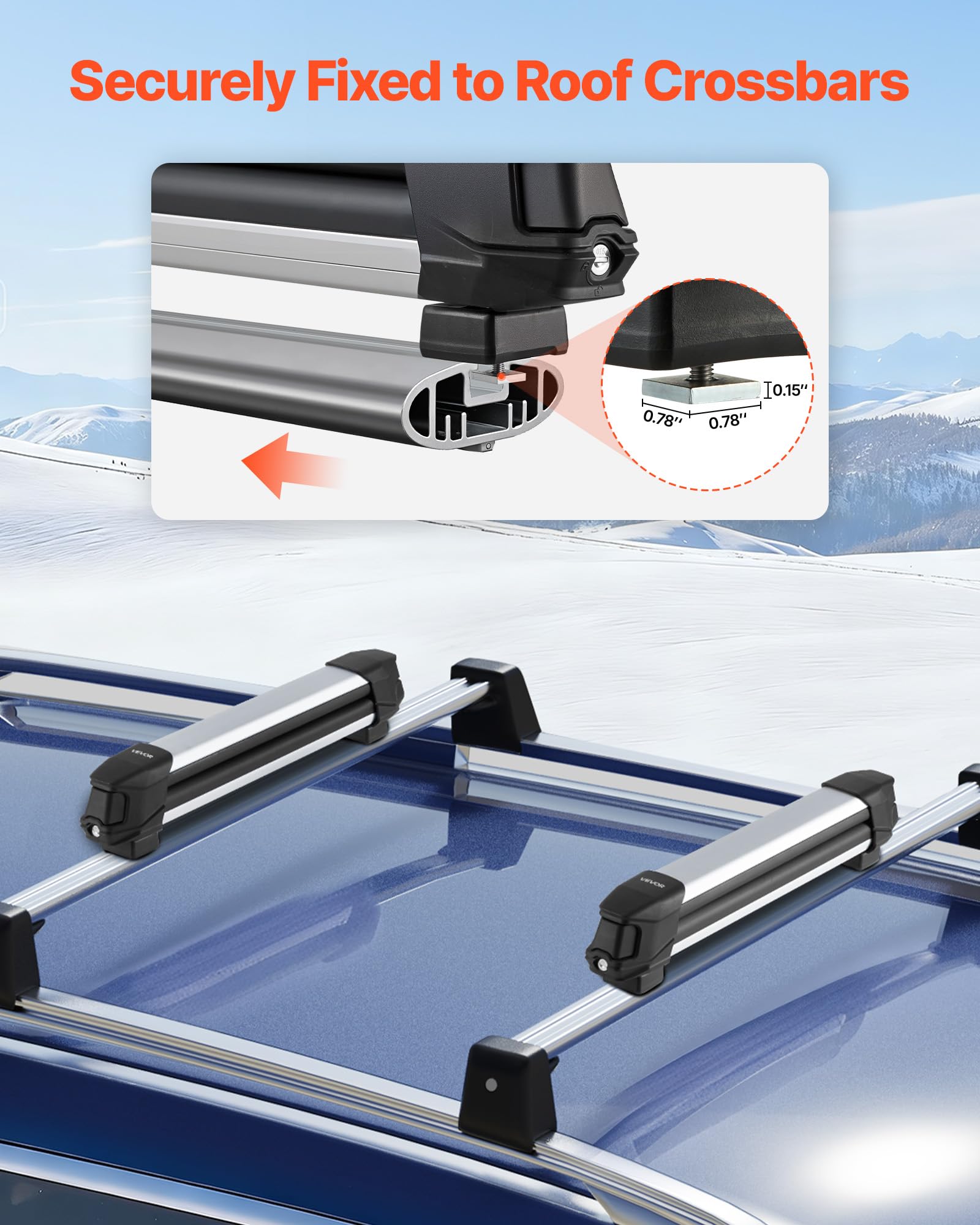 VEVOR Porte-Skis sur Barre de Toit, 2 pcs, Support pour Planche à Neige Universel en Alu avec verrou, pour 4 Paires de Skis ou 2 Planches, Compatible avec la Plupart des Barres transversales à Fentes