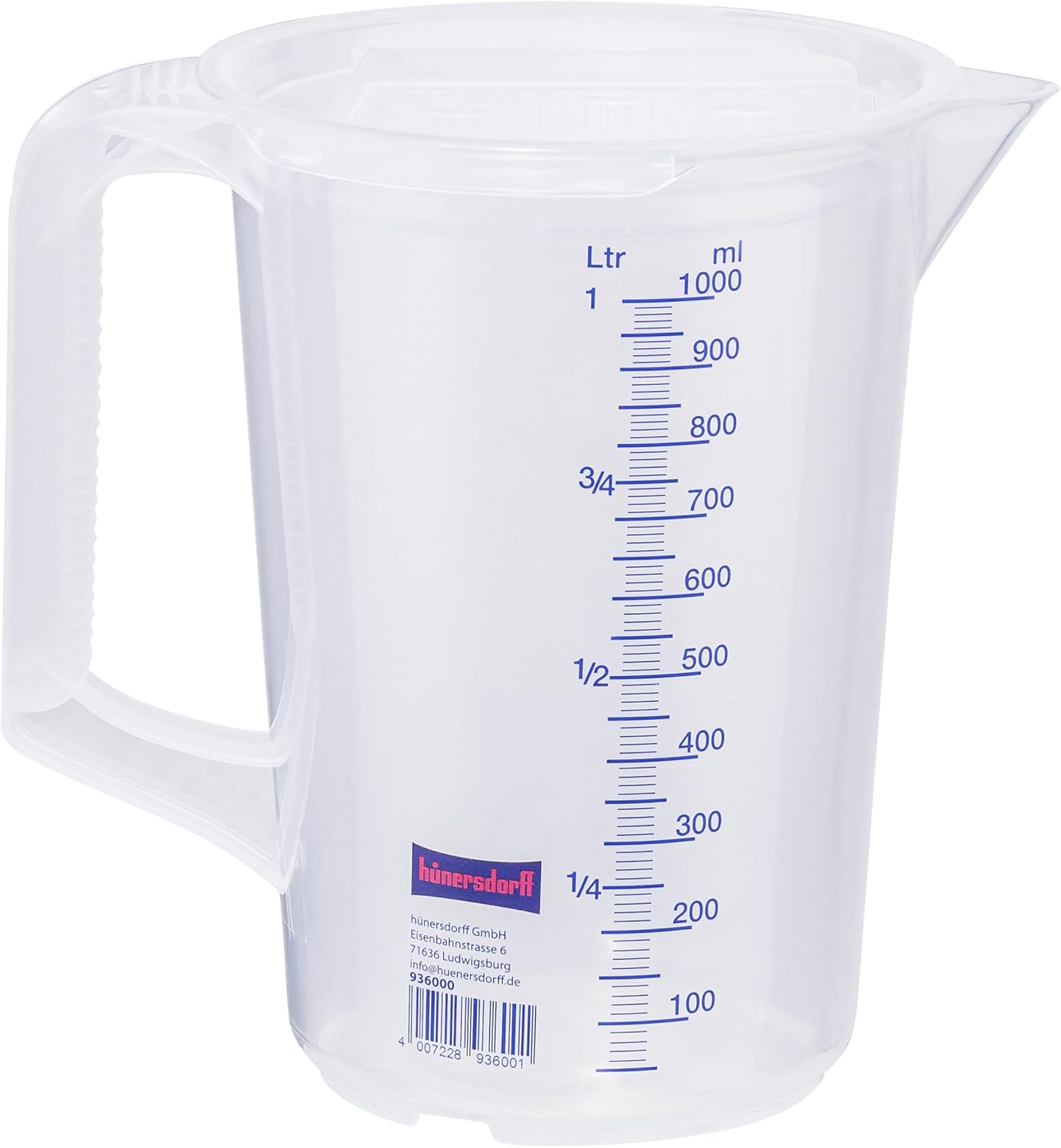 Hünersdorff Measuring Jug 1L with Lid, Shatterproof and Food Grade Polypropylene (PP), Closed Handle, 2 Scale, Clear