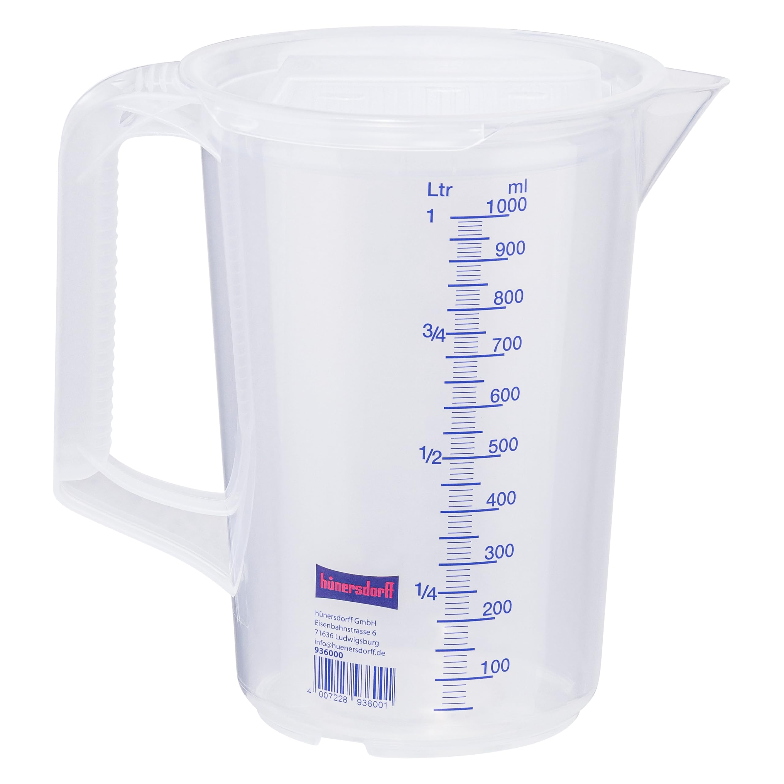 Hünersdorff Measuring Jug 1L with Lid, Shatterproof and Food Grade Polypropylene (PP), Closed Handle, 2 Scale, Clear