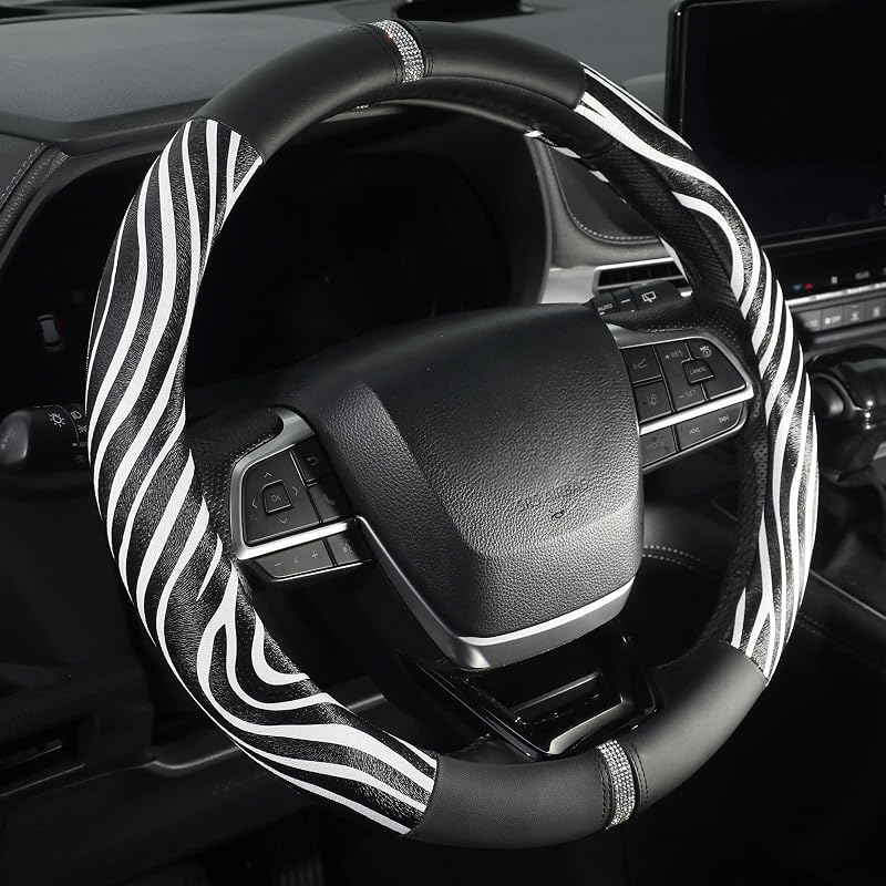 Capa para Volante ZHOL com Estampa de Zebra e Strass, Preto e Branco, para Volantes de 36,8 a 38,1 cm