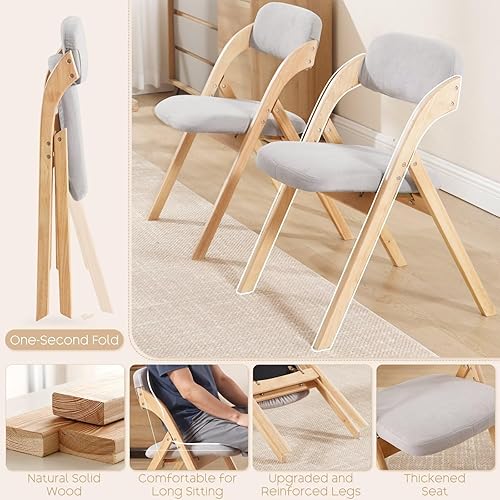 Miniatura 4 de Paquete de 2 sillas plegables con cojín, sillas plegables acolchadas de lino, sillas de comedor plegables de madera cruda, para comedores, cocina,