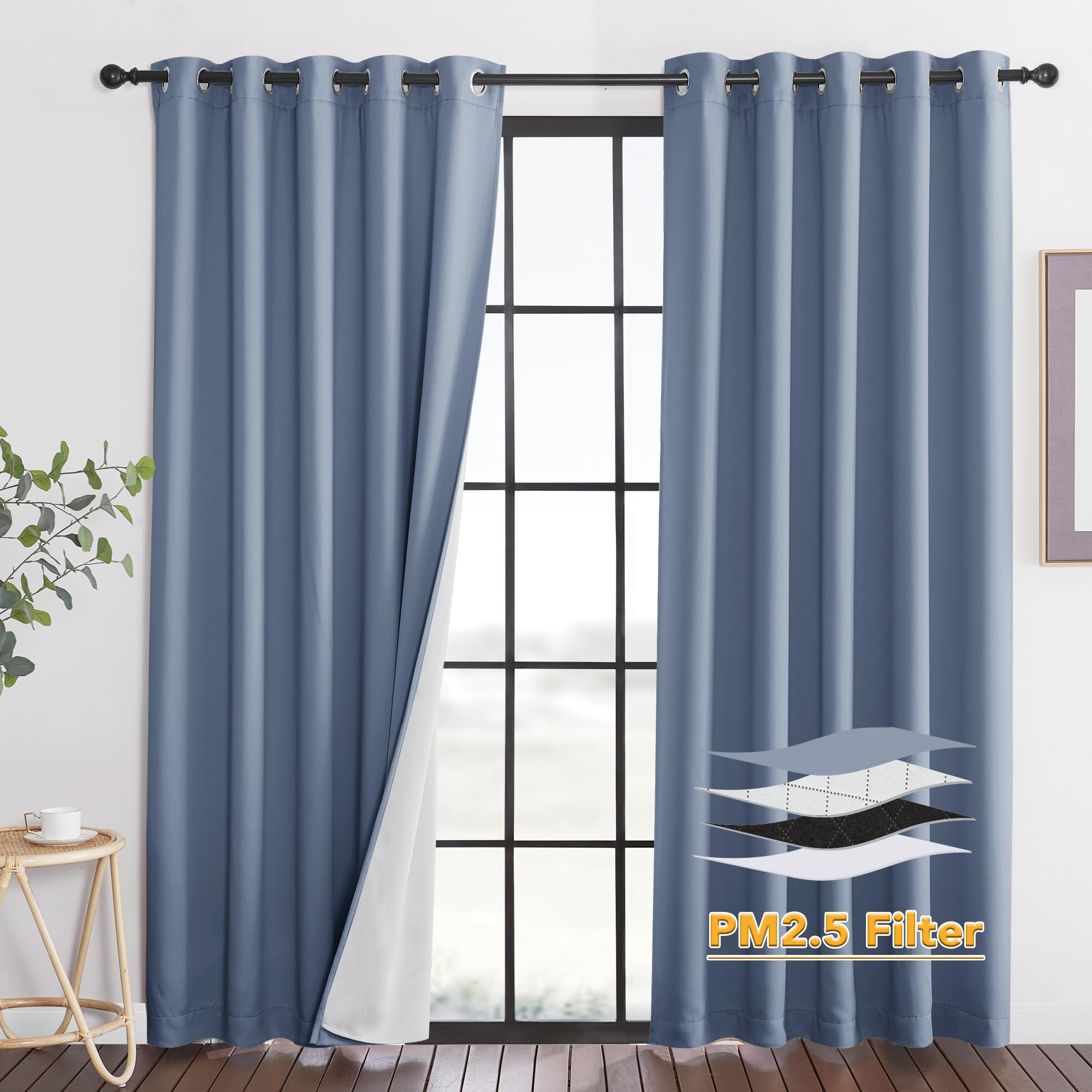 RYB HOME Dustproof Curtains for Large Window, Soundproof Thermal Insulated Blackout Curtains for Sliding Glass Door Furance Office Dorm Bedroom Living Room, Stone Blue, W62 x L95 inch, 2 Panels