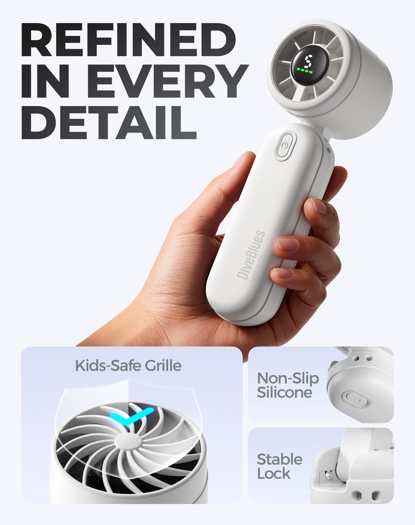 Diveblues Ventilatore Portatile a Mano 3 in 1, Mini Turbo Ventilatore USB Ricaricabile con Batteria da 4000mAh, 5 Velocità e fino a 12H di Raffreddamento, Viaggio, Ufficio, Esterni