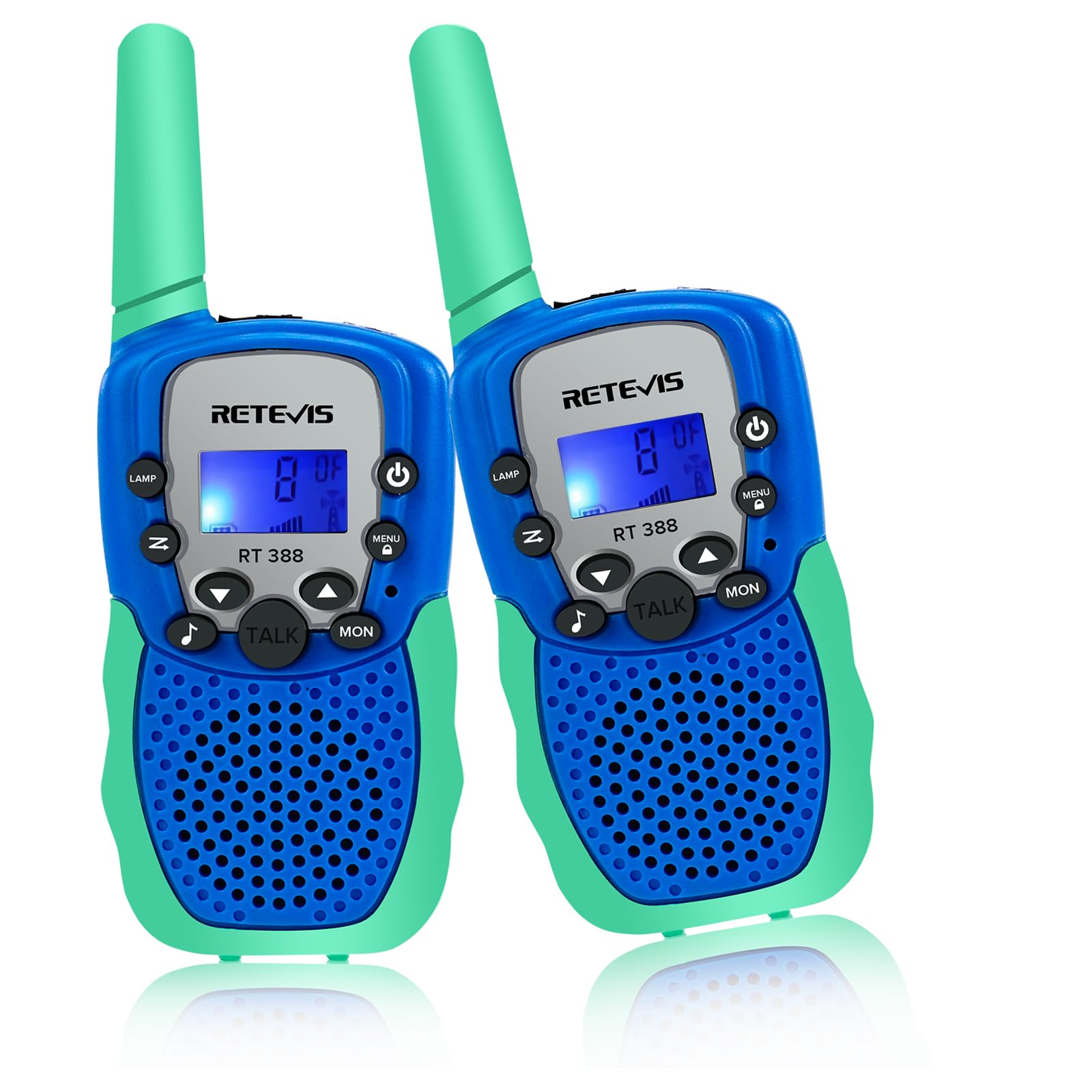 Retevis RT388 Walkie Talkie Bambini, Walky Talky Bambini, PMR446 8 Canali VOX Torcia 10 Toni di Chiamata, Walkie Talkie Bambino per Escursionismo, Campeggio, Avventura(Blu-verdastro,1 Coppia)