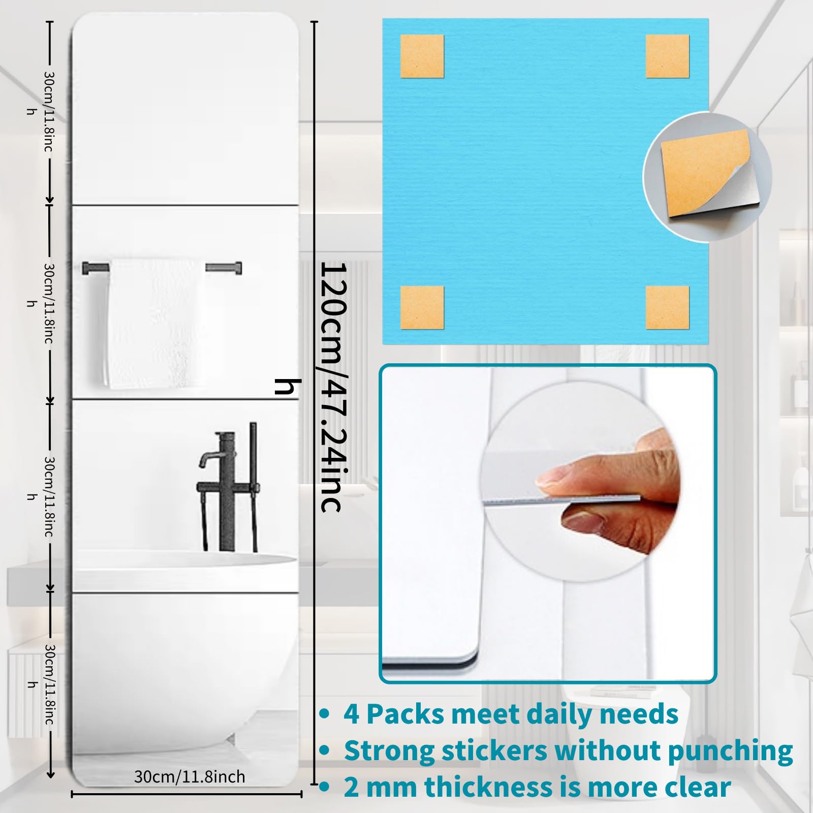 4 Specchi Adesivi Da Parete In Acrilico - Infrangibili E Facili Da Applicare | Per Armadio, Porta, Palestra, Casa - Foto 7