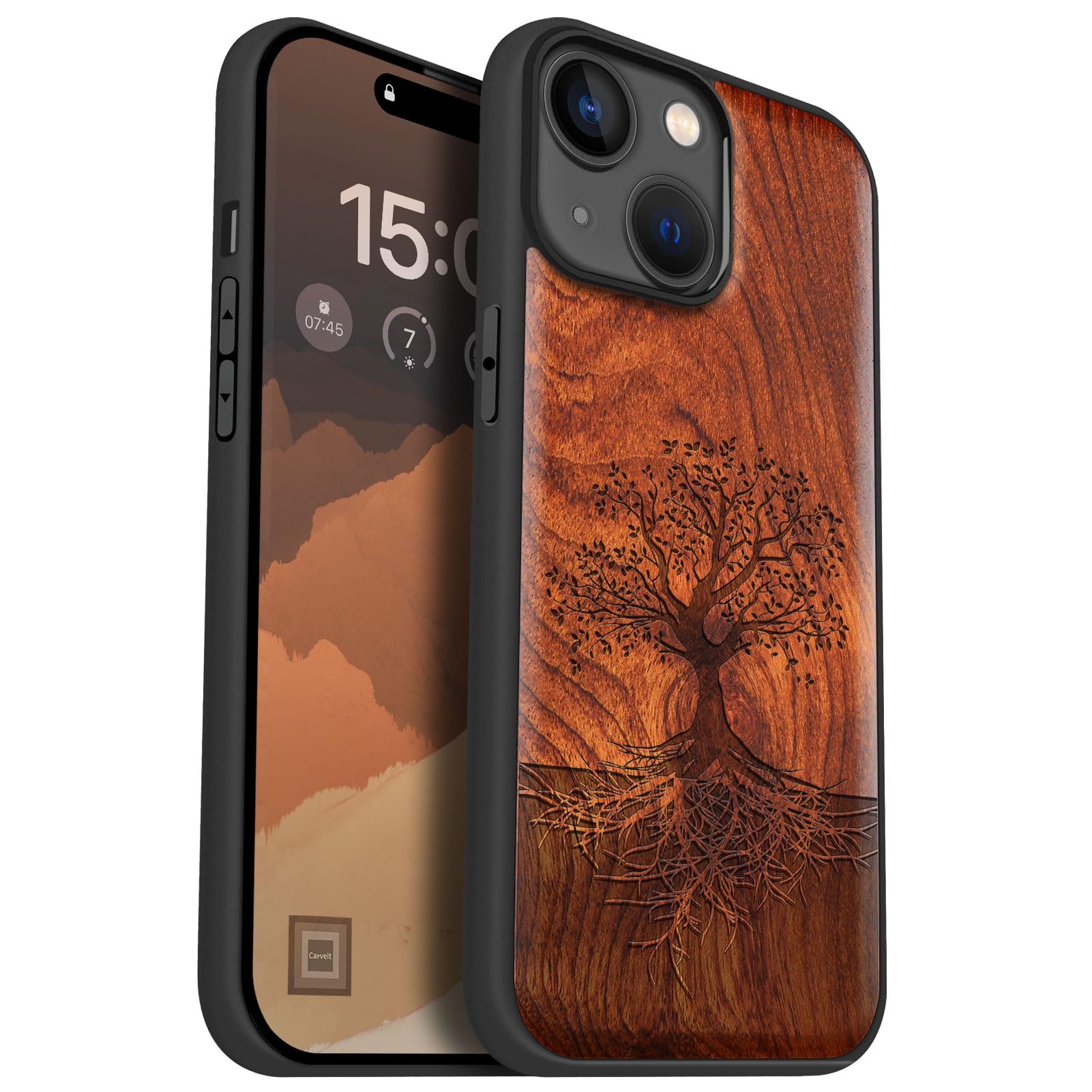 Carveit Magnetic Wooden Case for iPhone 15 Case, Compatible with MagSafe Wireless Chargers, Black Soft TPU Shockproof Cover & Wood Artisan Engraved (